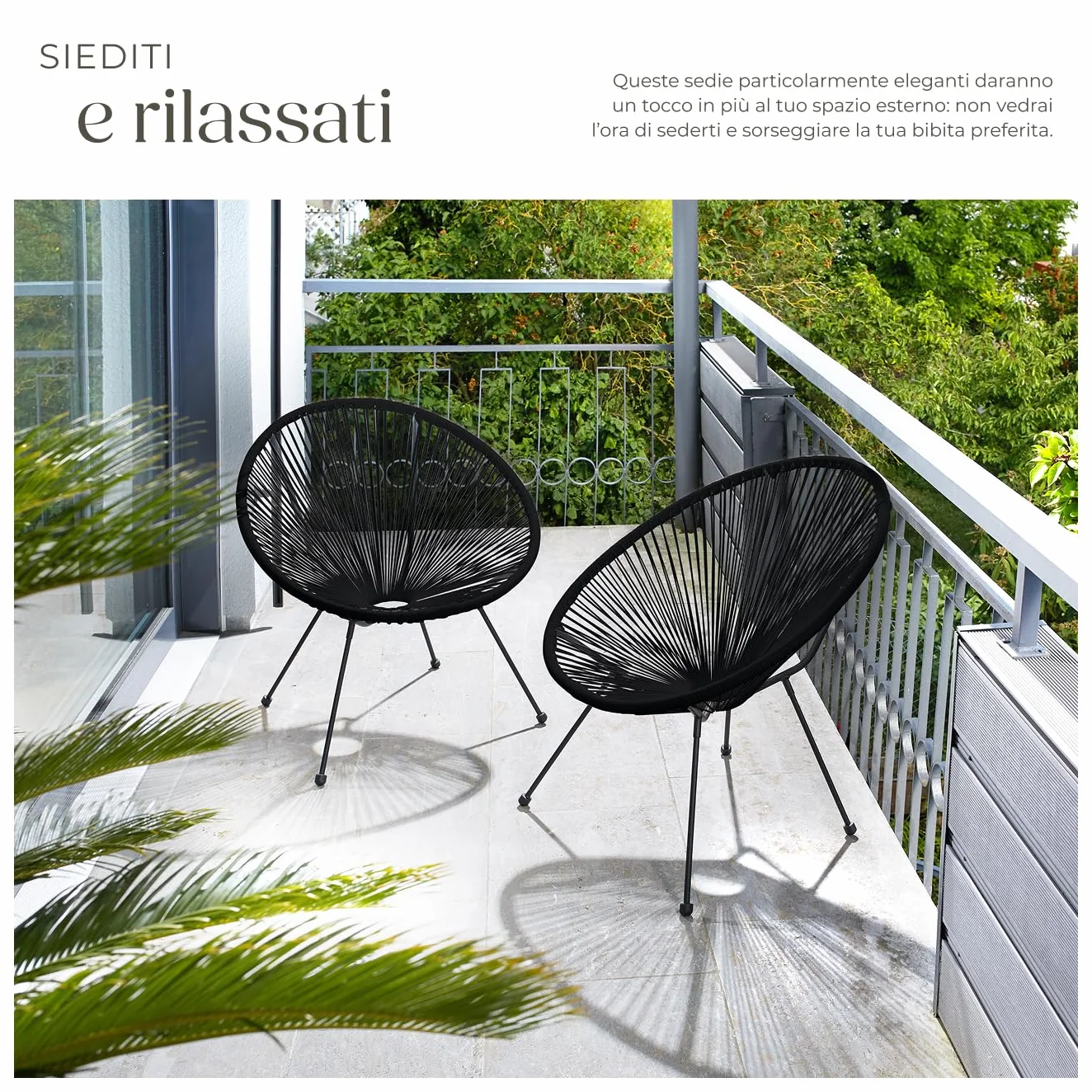 tectake® Set 2 Sedie Santana, Confortevole Set Sedie in Stile Retrò, Robusto Telaio in Acciaio, Corde Elastiche in Polietilene, Adatto per Interni ed Esterni - Nero