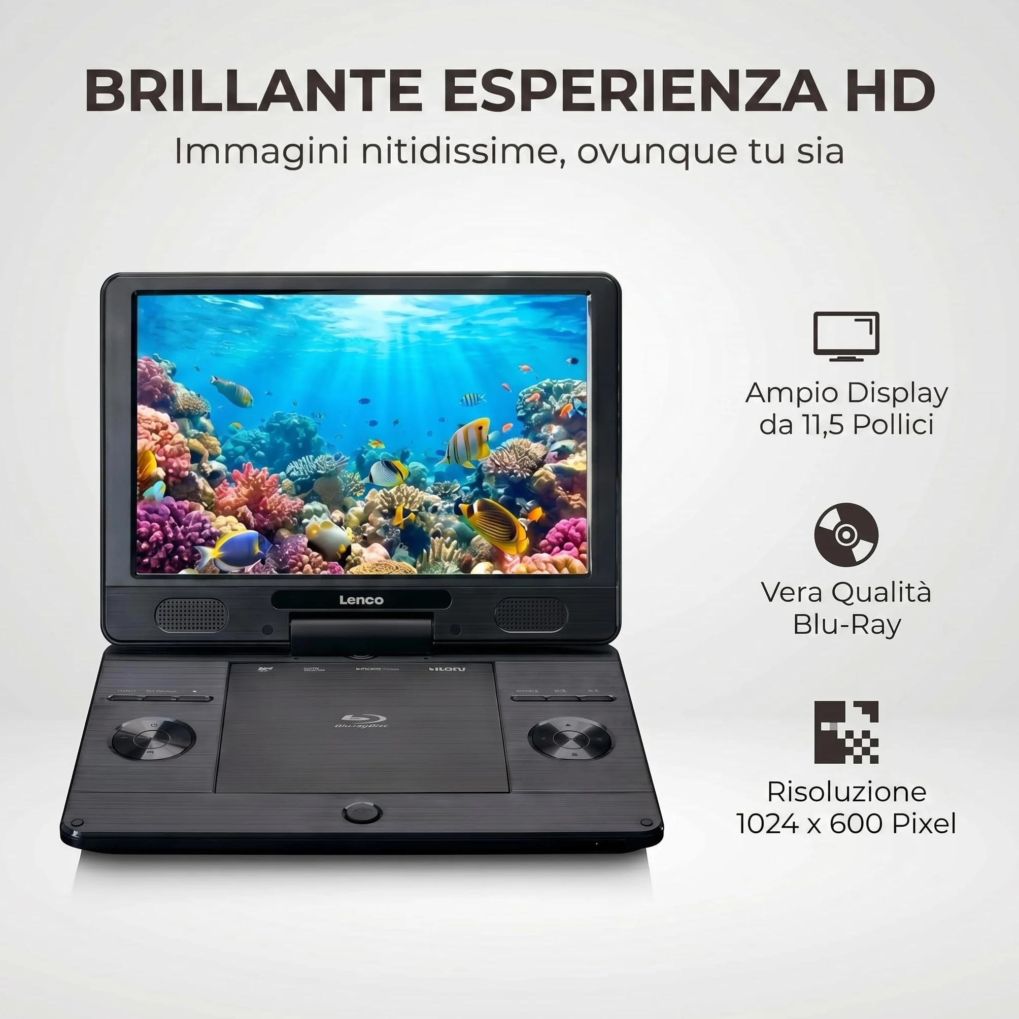 Lenco BRP-1150 Lettore DVD portatile Blu-Ray Schermo TFT 11,5" 1024x600 Pixel Batteria integrata Nero