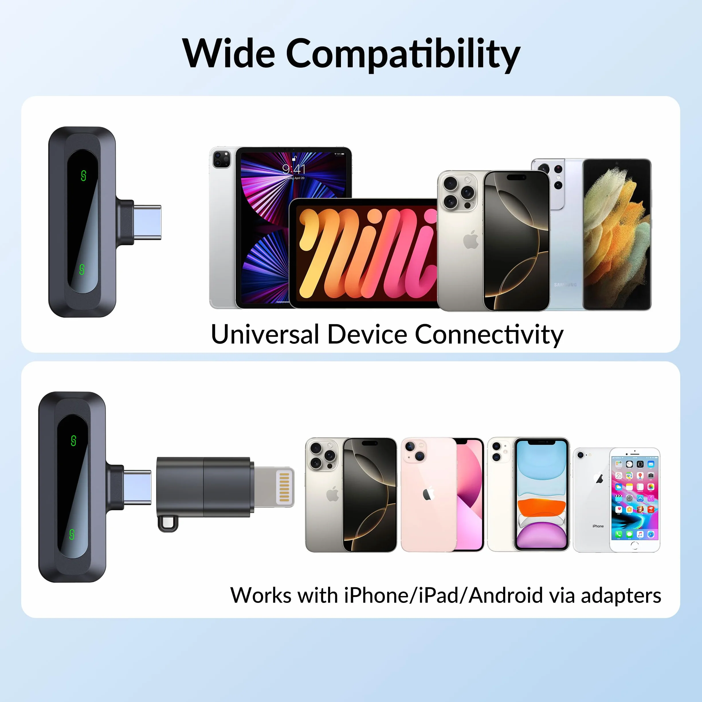 Microfono Lavalier Wireless per iPhone USB-C con Riduzione Rumore LED