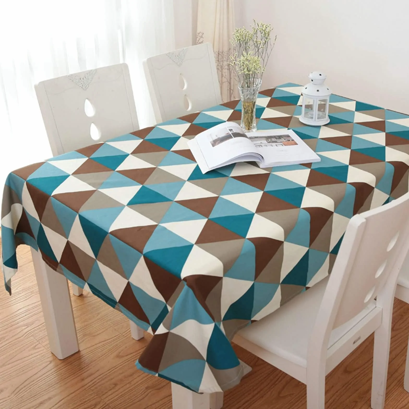 Copritavolo Rettangolare Cucina Blu, Motivo a Triangolo, in Cotone Lavabile, 130 x 180 cm, per Casa