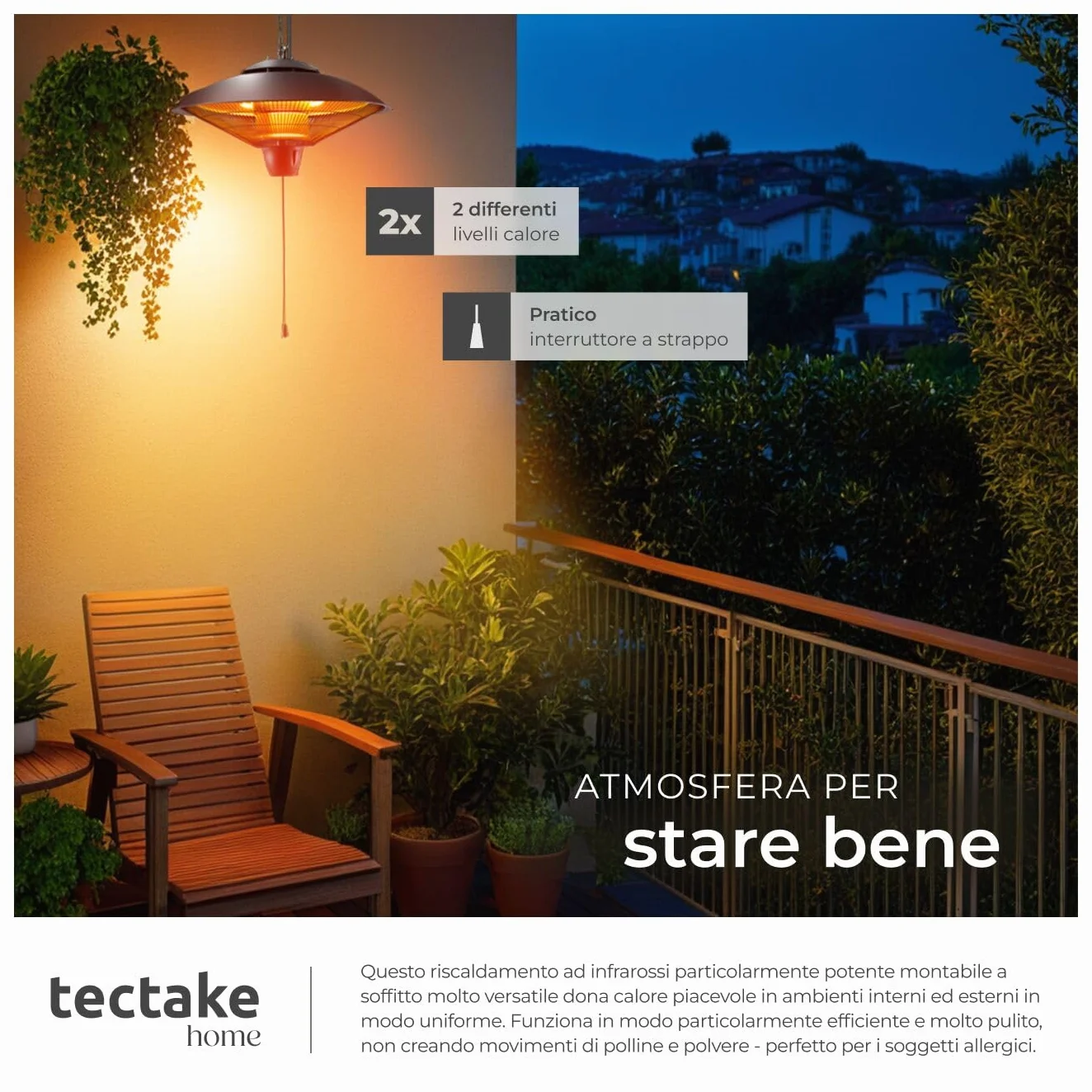 Tectake Riscaldatore a Infrarossi 2500W da Appendere, Struttura in Alluminio Inossidabile, Nero