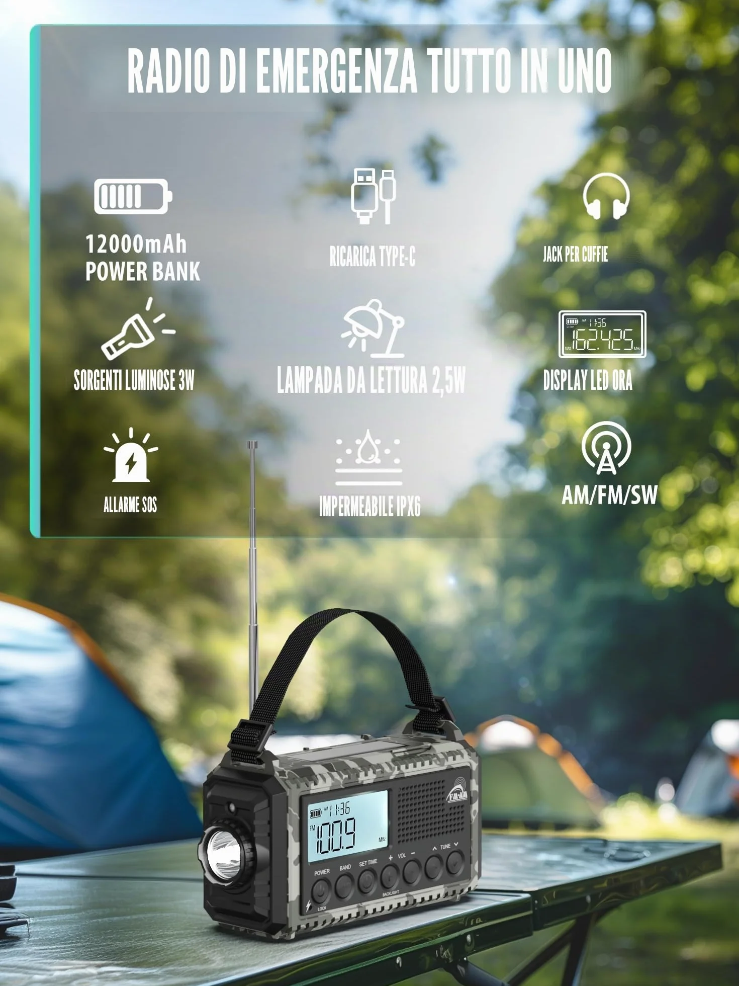 Radio Portatile di Emergenza 12000 mAh AM/FM/SW Ricaricabile Impermeabile