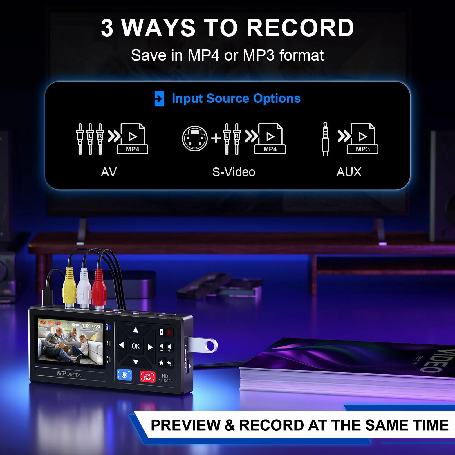 Convertitore da VHS a digitale Portta, registratore video con telecomando, compatibile VHS DVR Hi8 Mini DV console gioco