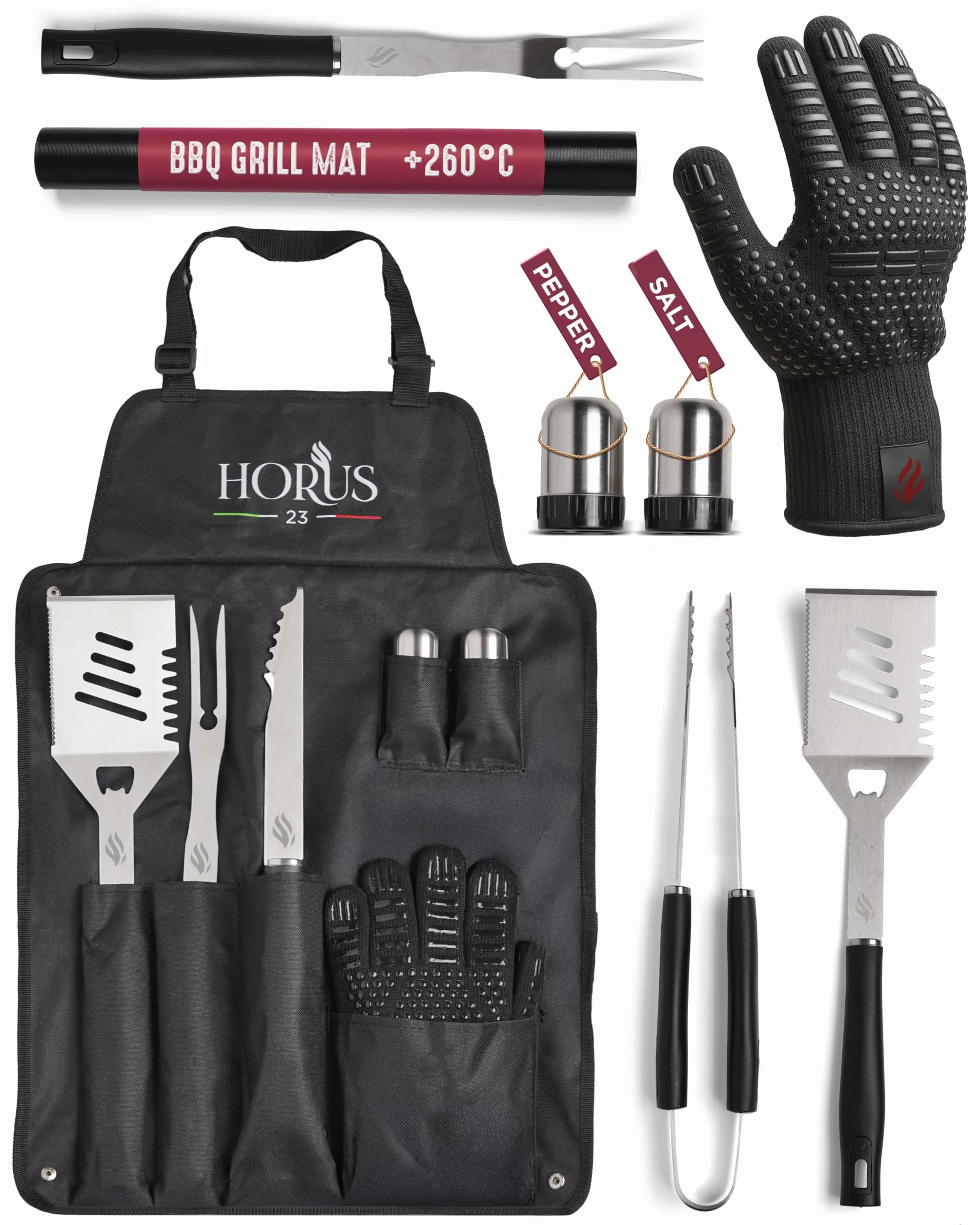 HORUS 23® Set Barbecue con Guanto Ignifugo, Tappetino Griglia e Grembiule Oxford Acciaio Inox