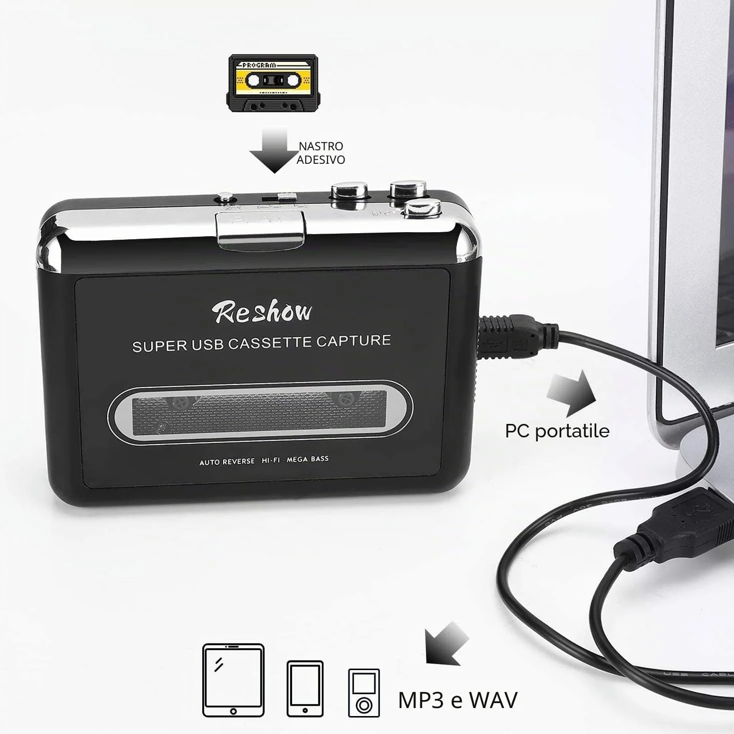 Reshow Przenośny Odtwarzacz Kaset Magnetofonowych, Nagrywanie Audio MP3 przez USB, Konwersja Kasety na MP3