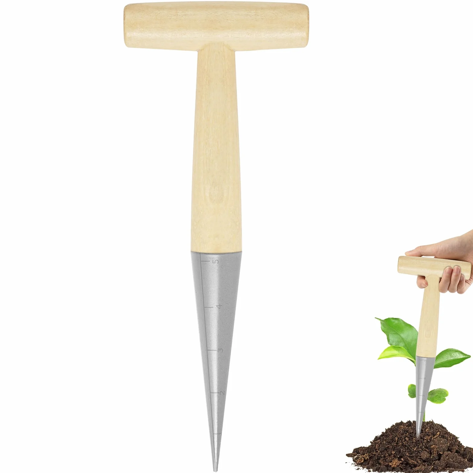 Utensili per Piantagione Di Bulbi, Semina Dibbers, Strumento per Piantare Ferro Cromato Graduato E Manico in Legno a T, Piantare Bulbi, Da Giardinaggio Ergonomico E Resist