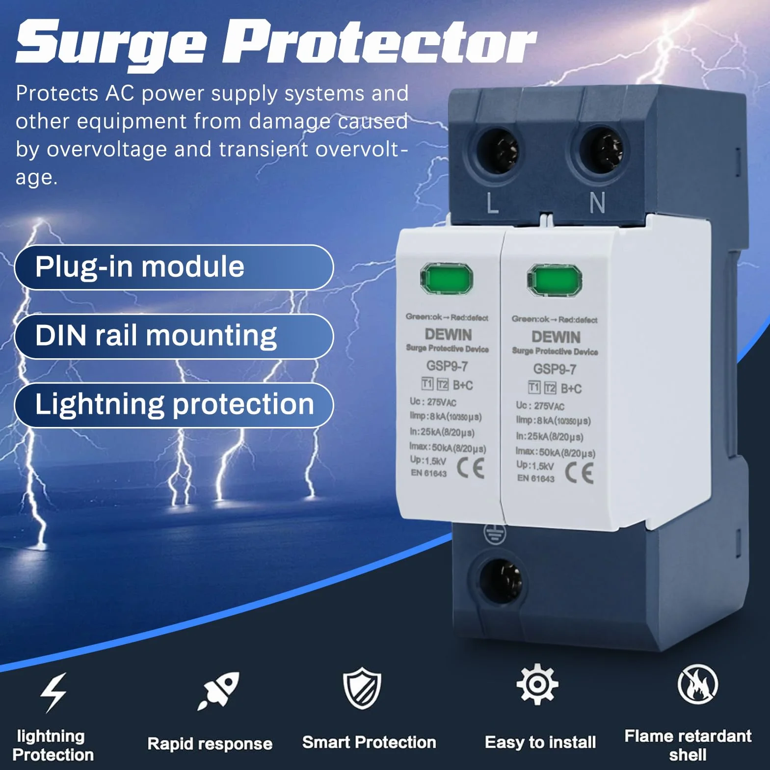 DEWIN Scaricatore di Sovratensione 2P AC 275V 25KA~50KA Dispositivo Protezione Fulmini Bassa Tensione