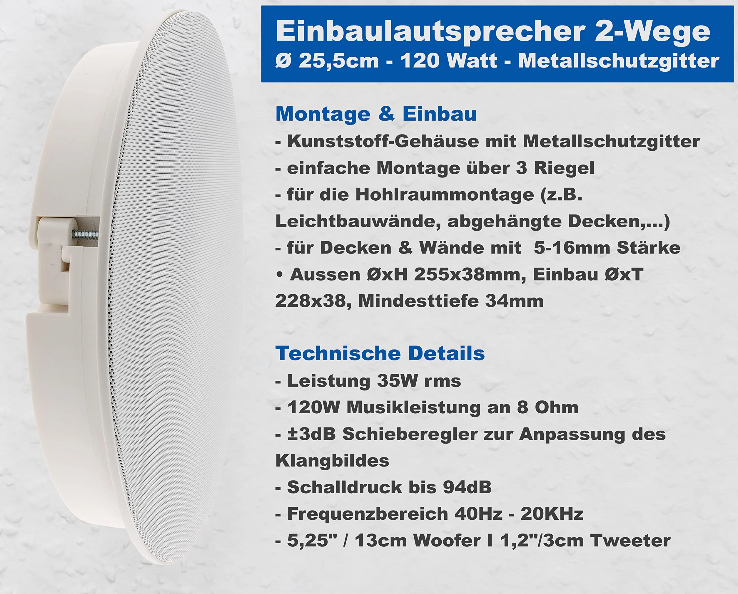 ChiliTec Altoparlante da Incasso Soffitto Parete 2 Vie 120 Watt Ø 255 mm Bianco