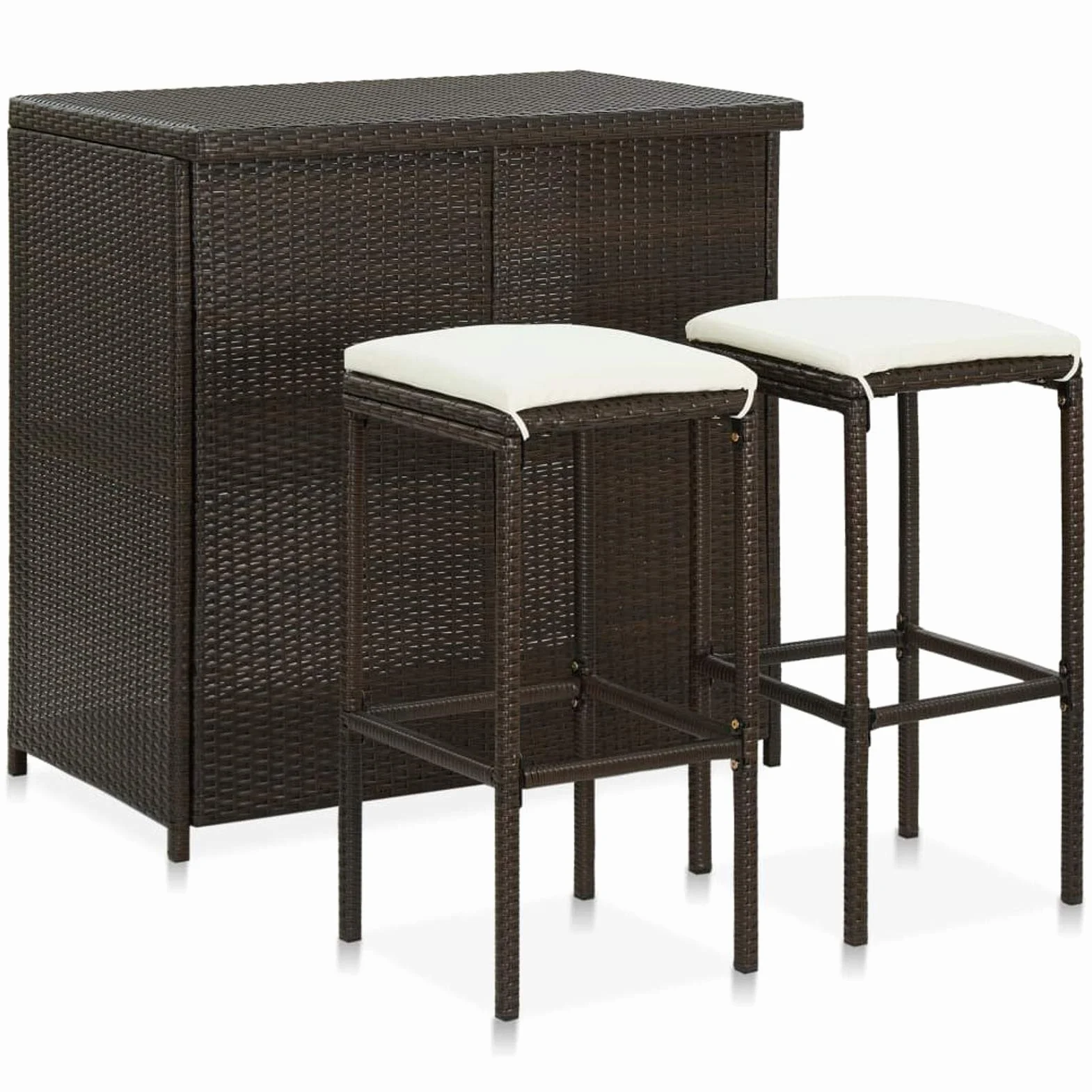 Set da Bar in Polyrattan Marrone, con Tavolo e 2 Sgabelli, Dimensioni 102x60x105 cm e 38x38x76 cm, Struttura in Acciaio e Rattan PE, Cuscini in Poliestere Bianco Crema for Esterno e Interno