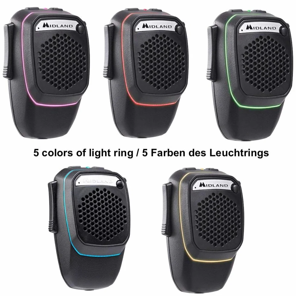 Midland Microfono Wireless Bluetooth Dual Mike CB Talk Vivavoce Camion Auto Camper Analogica Digitale Altoparlante Super Bass 3W DSP Supporto Light Ring