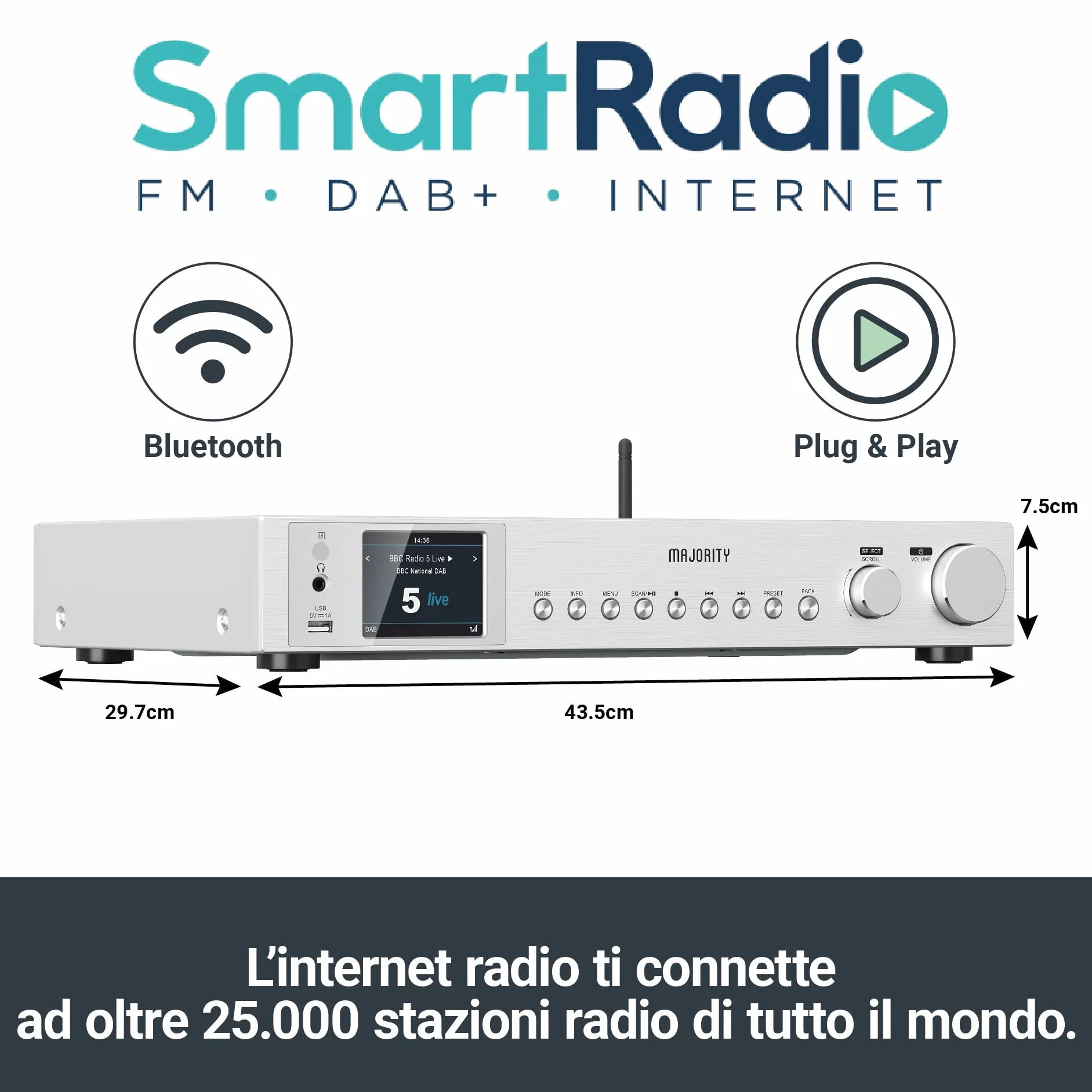 Majority Fitzwilliam Internet Radio DAB+ WLAN Bluetooth HiFi Radio Digitale Cucina