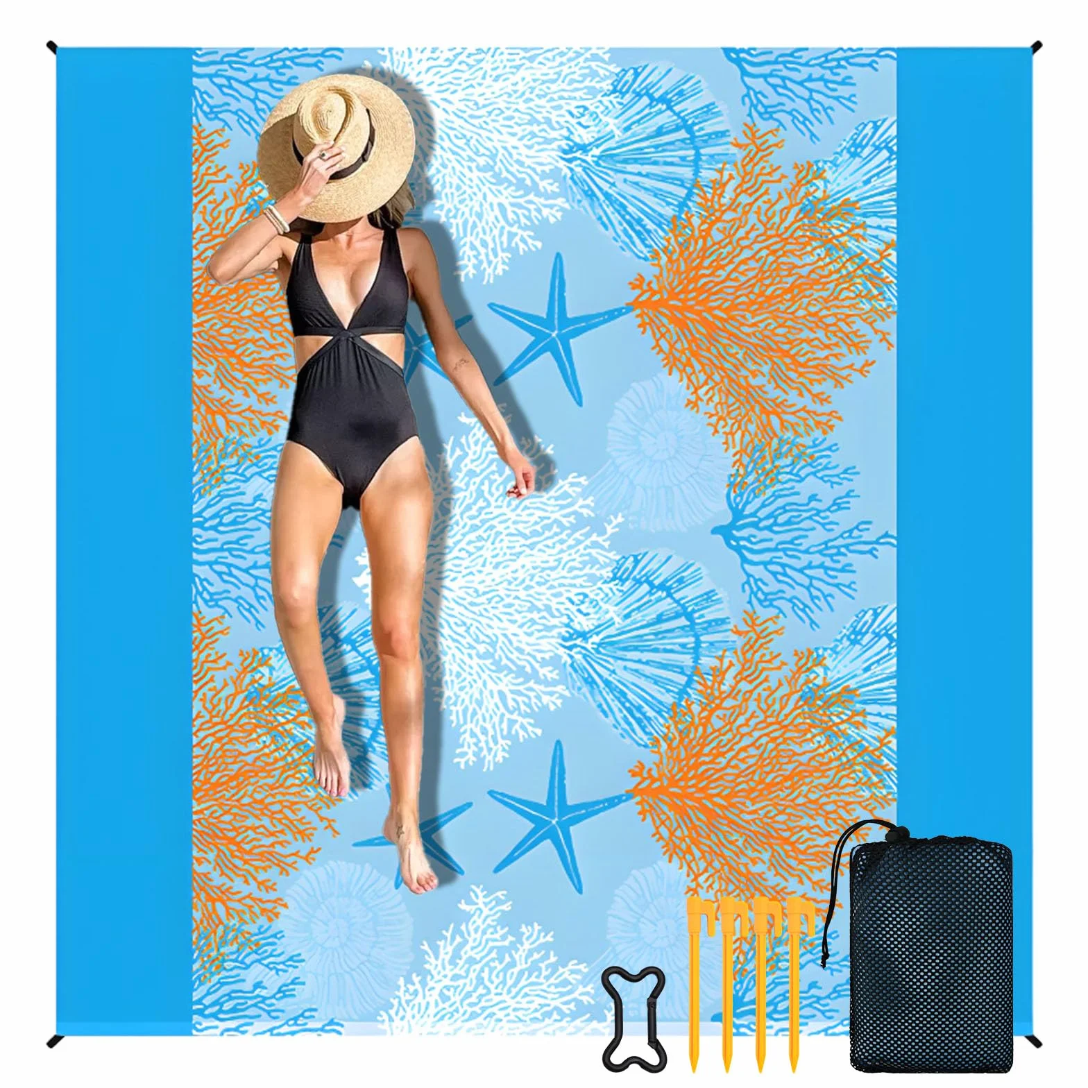 Coperta da Spiaggia Impermeabile 200 x 200 cm, Stuoia Spiaggia con 4 Picchetti, Tappetino da Mare Grande, Telo Antisabbia