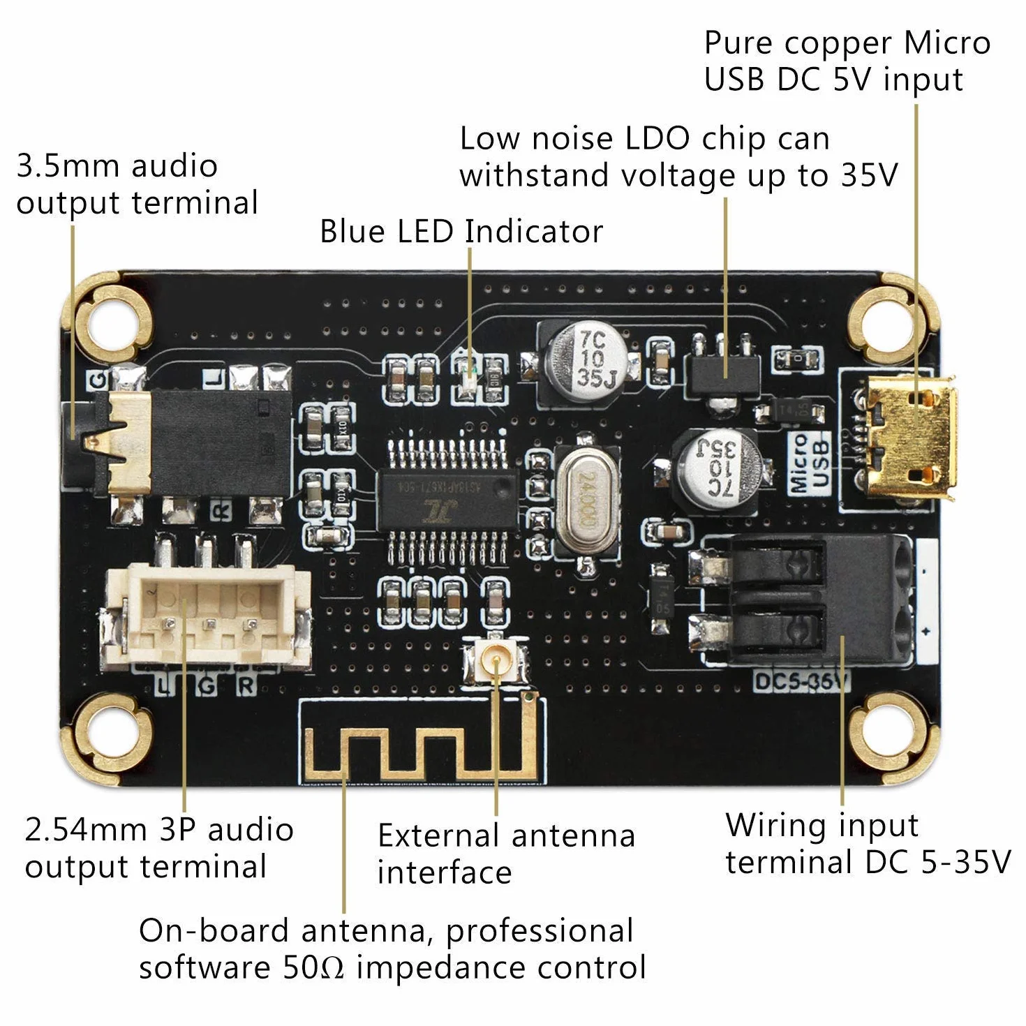Modulo Bluetooth AS1711BT Ricevitore Audio Stereo DC 5-35V Wireless per Cuffie Fai-da-Te