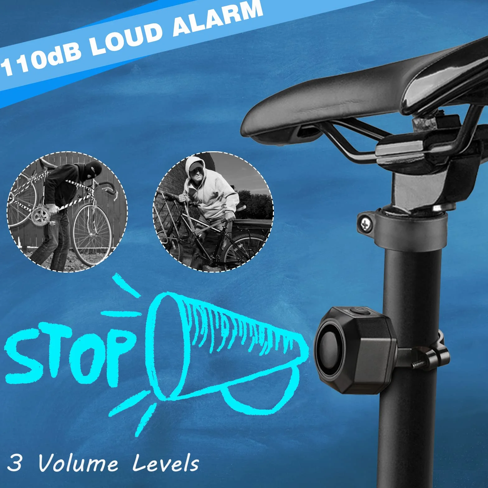 WSDCAM Alarm USB ricaricabile per bicicletta 110 dB regolabile senza fili anti-Theft sensore di movimento auto