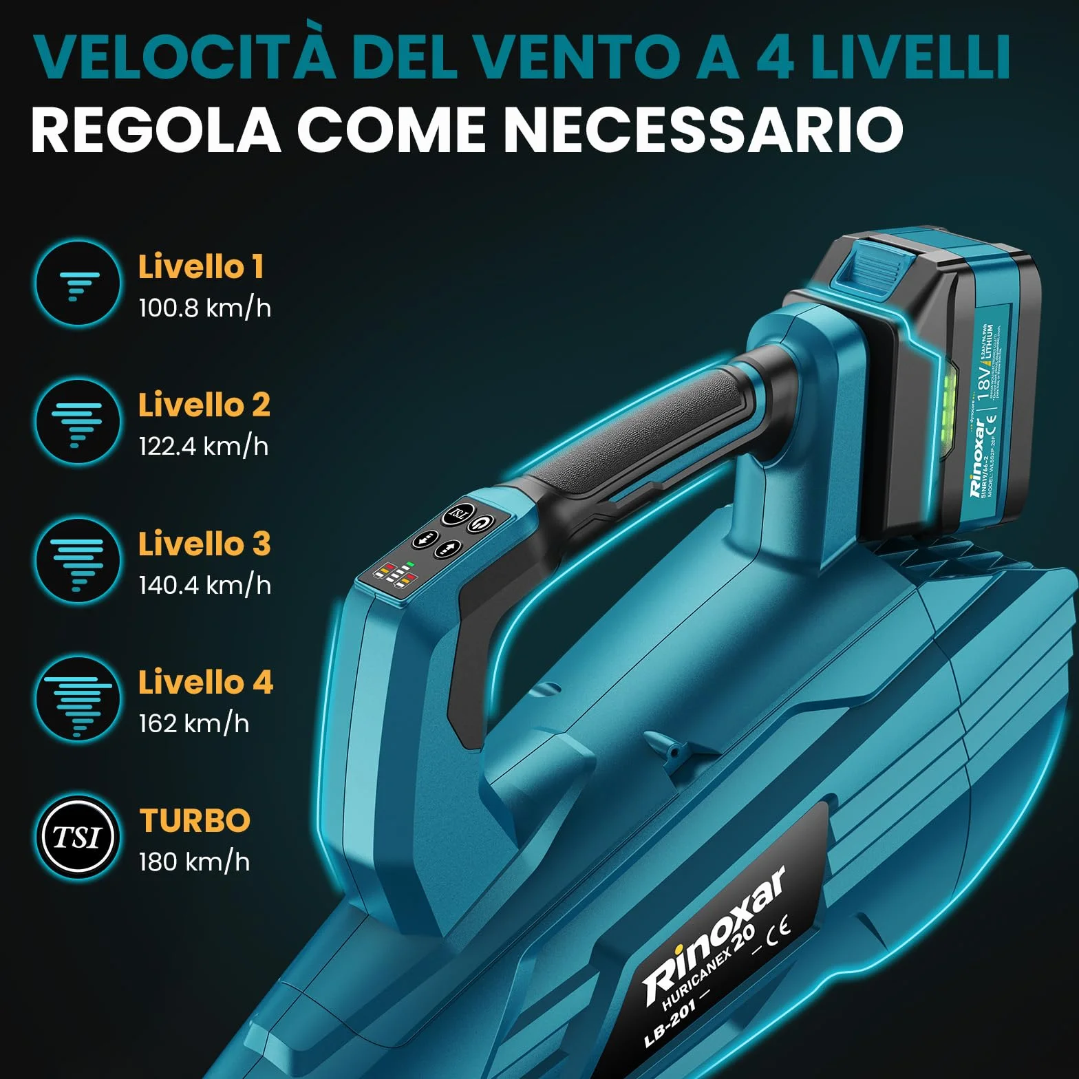 Soffiatore a Batteria, 5 Velocità Soffiatore Elettrico Senza Filo con Motore Brushless, 2 batterie da 5.2Ah/18V, 35.000 RPM, Velocità Aria 180 km/h, Portata Aria 800 m³/h, 2 Ugelli Intercambiabili
