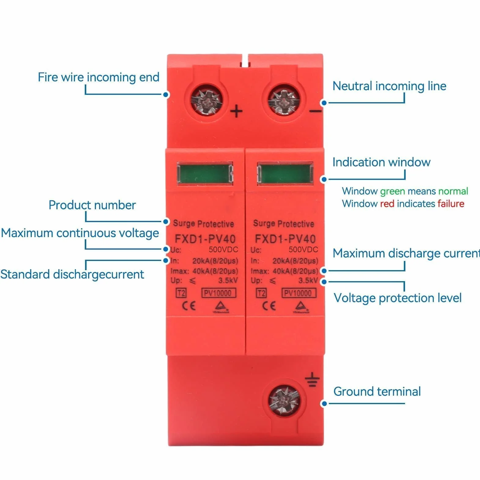 Agatige 2 Pezzi Dispositivi di Protezione Contro Le sovratensioni, 2P 40KA DC Fotovoltaico Protettore Flash Arrester, DC 1000V
