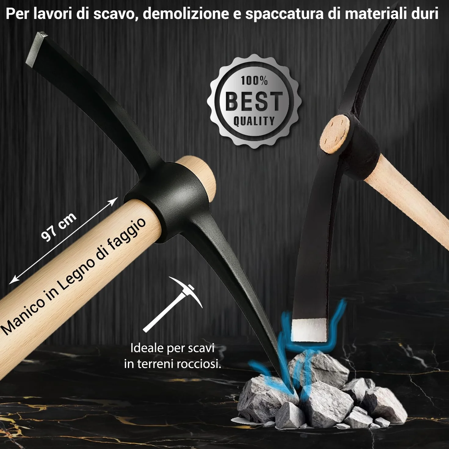 Crisalide® Piccone in Acciaio Temprato 47 cm con Manico in Legno di Faggio 97 cm – Attrezzo da Scavo Robusto per Terreni Rocciosi, Superfici Dure e Lavori Agricoli Intensivi
