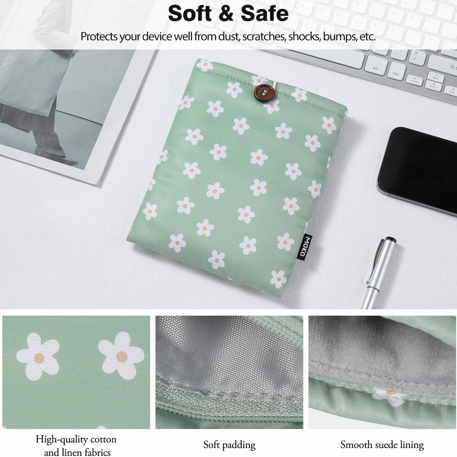 MoKo Fiori Verdi Imbottito Sleeve Pouch per Kindle Colorsoft Paperwhite 12° Gen 2024 Oasis Voyage Kobo eReader 6-7 Pollici