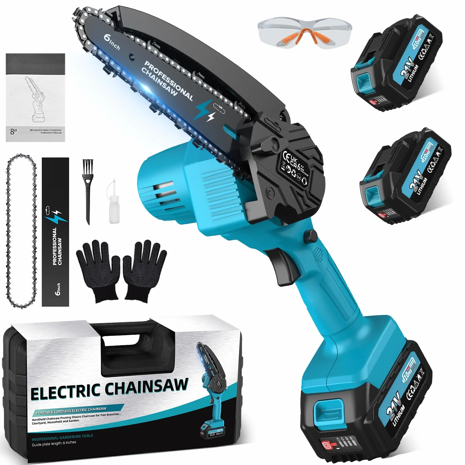 Mini Motosega a Batteria per Potatura con 2x4000mAh Batterie, 6 Pollici Motosega Elettrica con Catena di Ricambio e Pompetta Olio, Sega a Batteria per Potatura per il Taglio del Legno Giardini