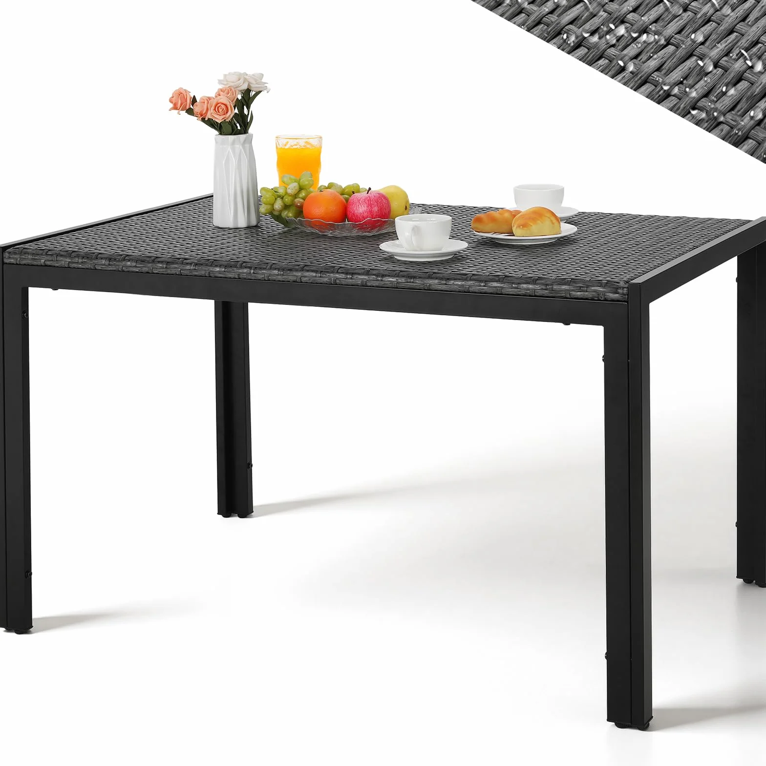 LIFERUN Tavolo da Giardino Rettangolare 4-6 Persone in PE Rattan e Metallo, 119x74 cm, Tavolo da Pranzo Esterno, Resistente alle Intemperie per Terrazza Balcone, Facile da Pulire,Grigio,4 PCS Gambe