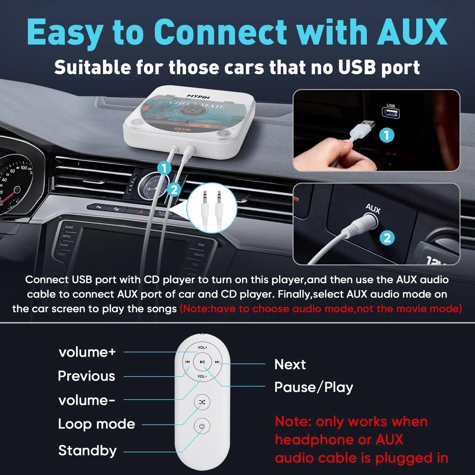 Lettore CD Portatile per Auto Porta USB AUX Compatibile Autoradio Laptop TV CD-MP3 CD-RW CD-R