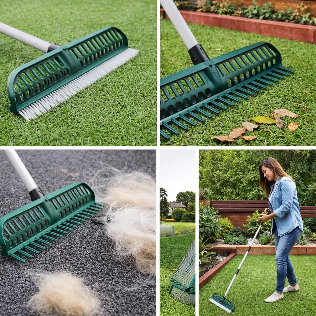 Scopa Rastrello Prato Sintetico a Doppia Faccia Spazzola Pulizia Erba Artificiale Setole in Poliammide Larghezza 45cm per Pulizia Giardino, Tappeti e Peli Animali