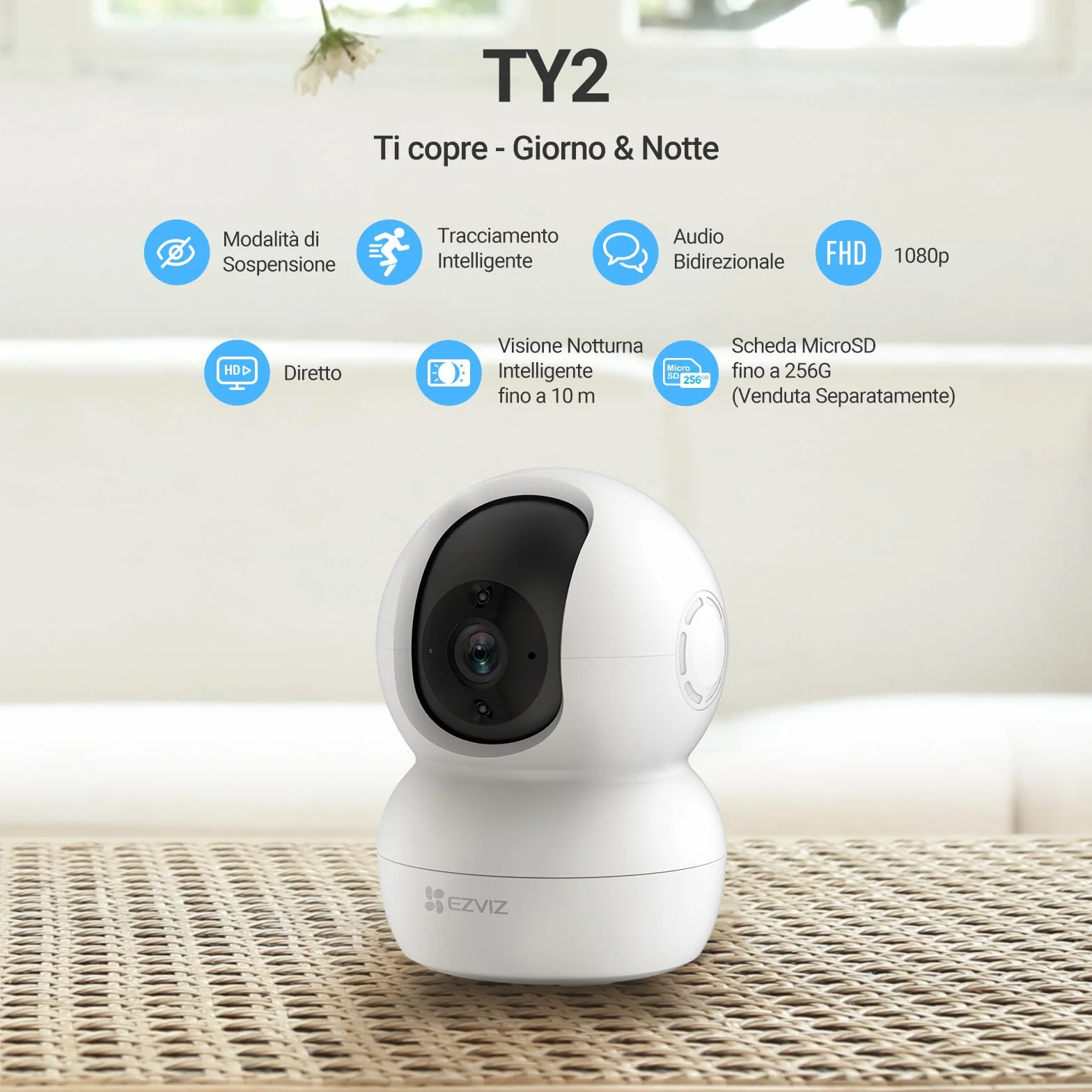 EZVIZ TY2 Telecamera da Interno Wifi IP 1080p Grandangolare Visione Notturna Audio Due Vie Compatibile con Alexa