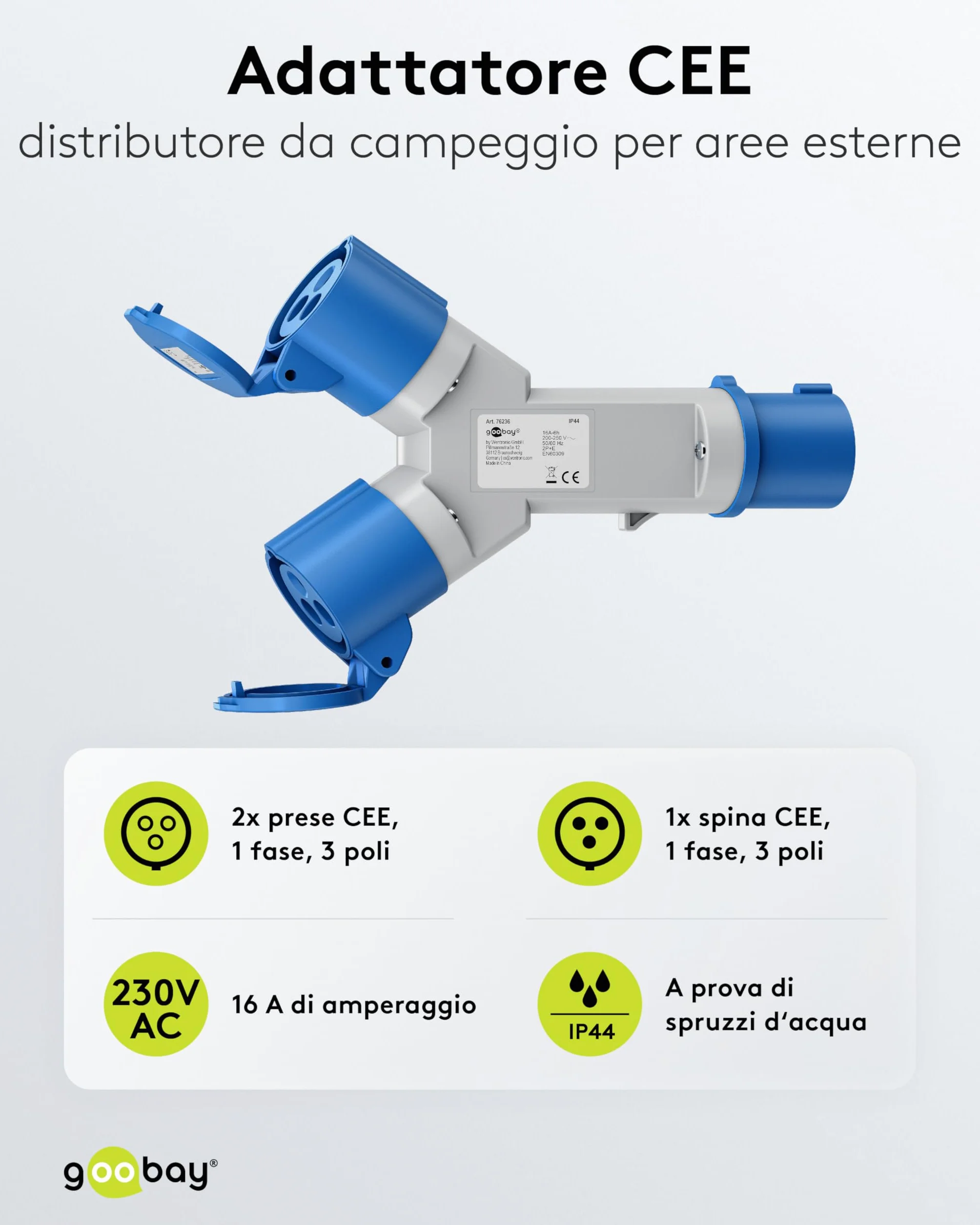 goobay Adattatore CEE per caravan, spina CEE a 2 prese CEE, portatile, con copertura protettiva, impermeabile IP44, 76236