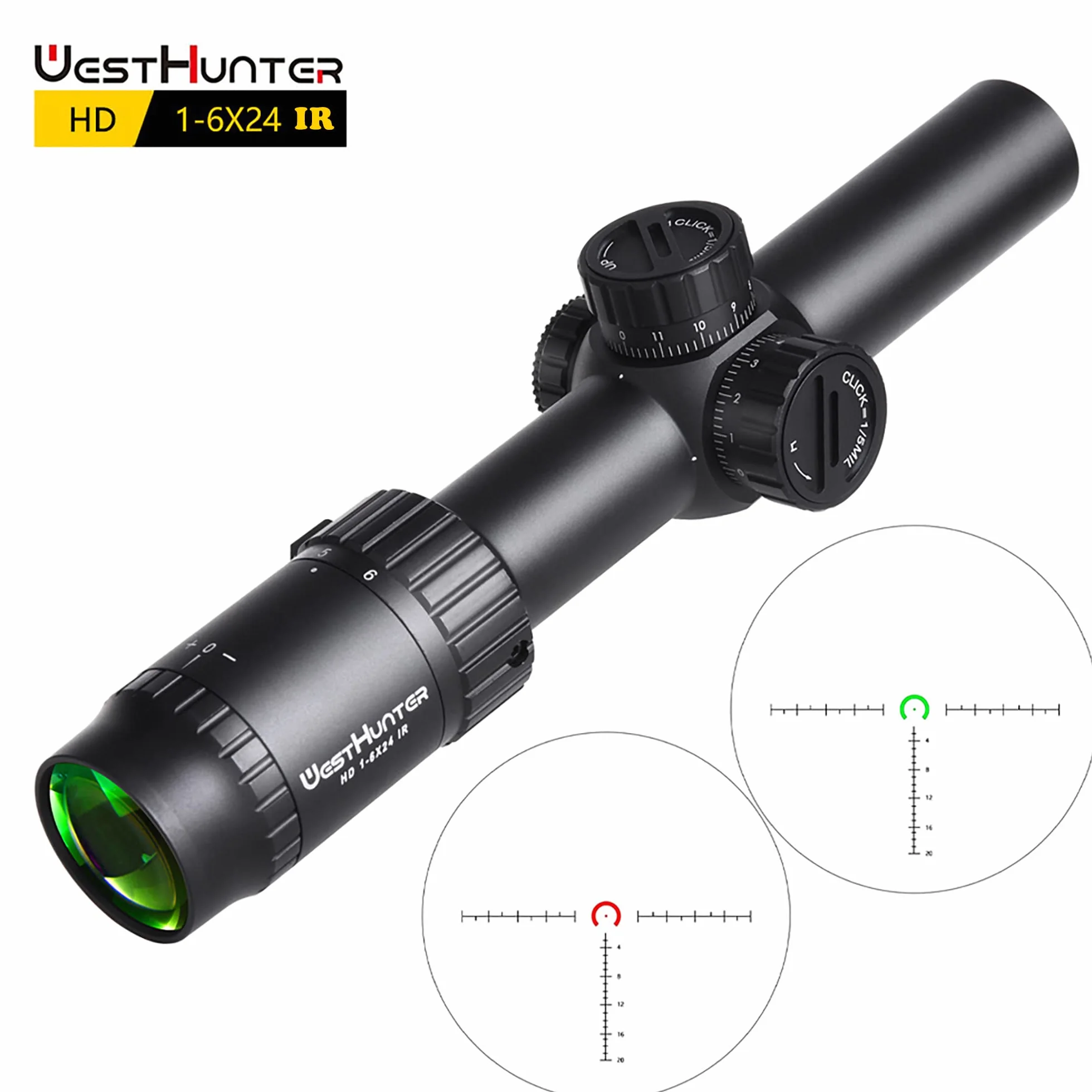 WestHunter Optics HD 1-6x24 IR LPVO Mirino Telescopico 30 mm Illuminazione Rosso/Verde Tattico 1/5 MIL Cannocchiali per Fucile