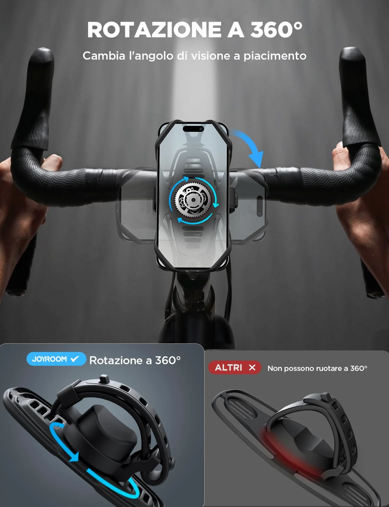 JOYROOM Porta Cellulare Bici con Assorbimento degli Urti in Silicone, Supporto Telefono Moto 360° per iPhone 15 14 13 Samsung 4.0-7.2 Pollici