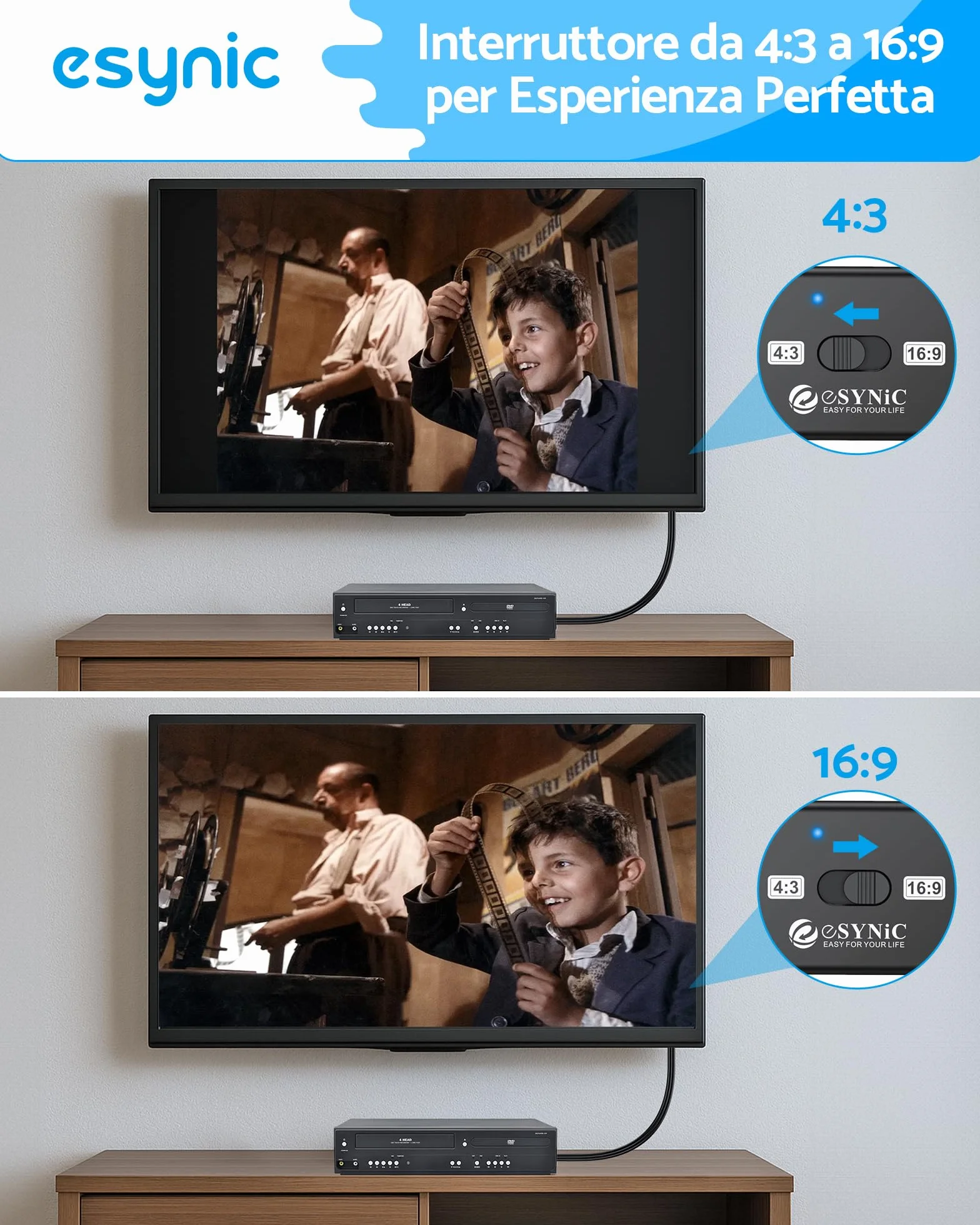 eSynic 1080P Convertitore RCA Maschio a HDMI Maschio con Cavi Integrati 150cm, Adattatore Audio Video CVBS a HDMI, Supporta 3D, per VCR VHS DVD