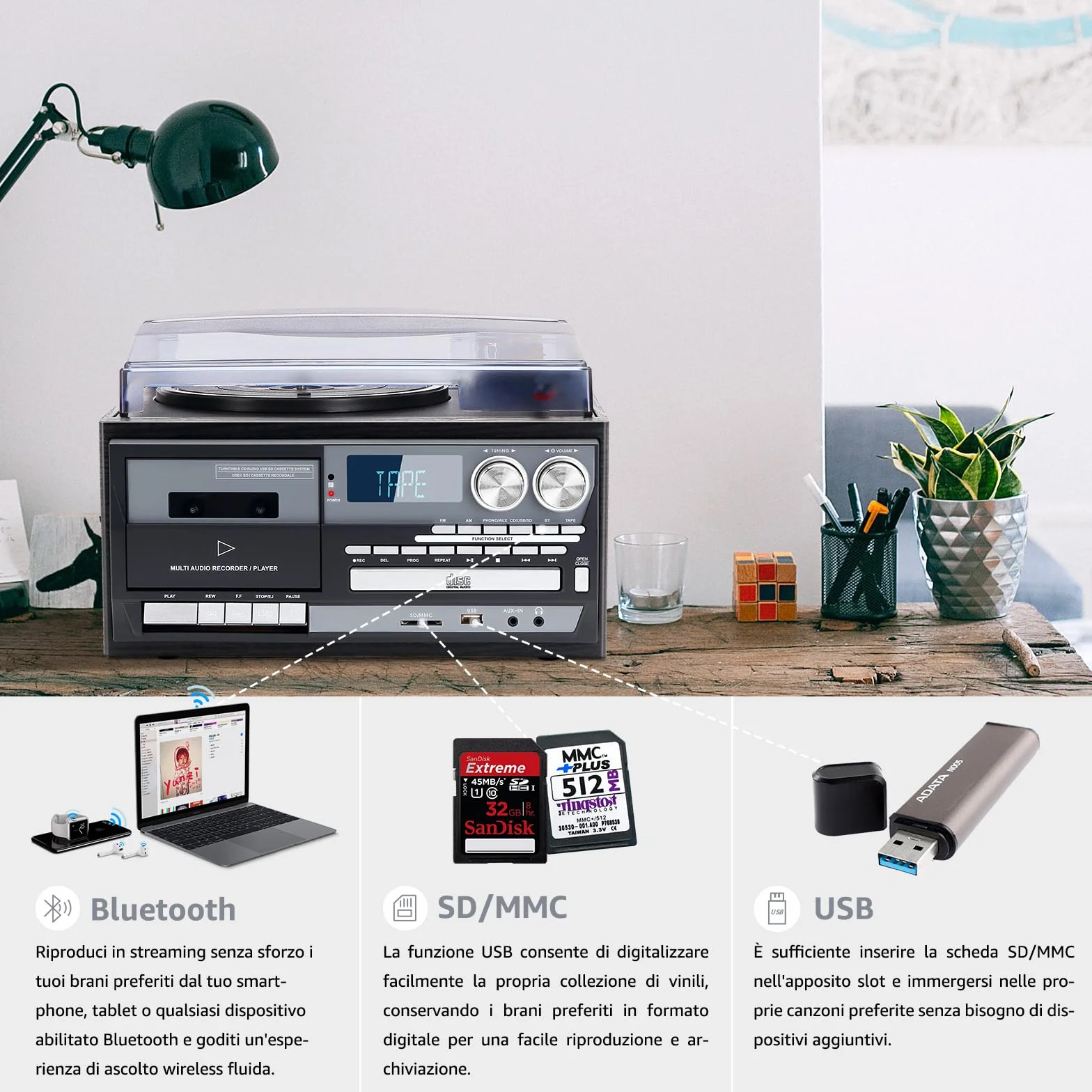 Giradischi Vintage 9 in 1 con Bluetooth, 3 Velocità, Lettore CD e Cassette, Radio AM/FM