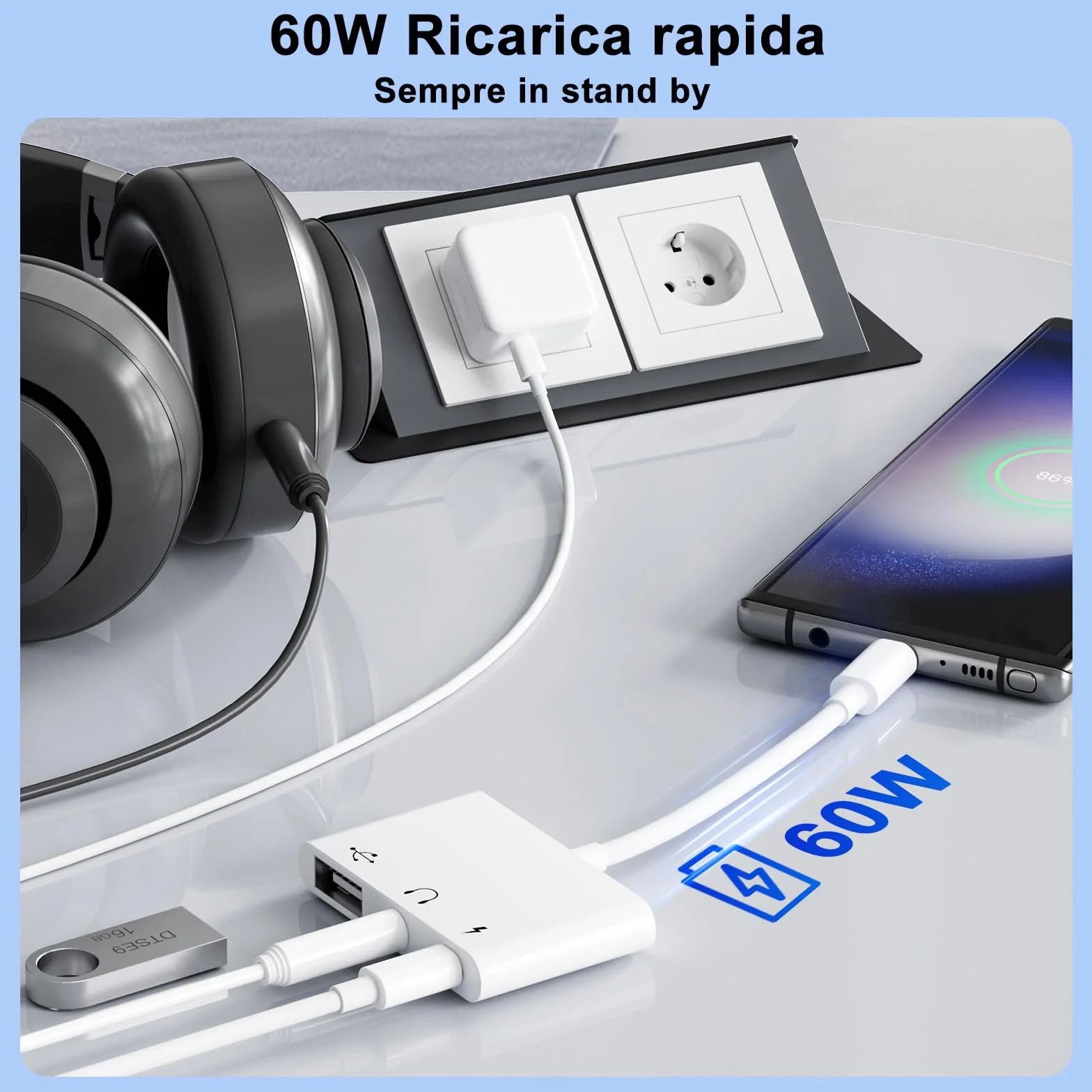 Adattatore USB C Jack 3.5 mm 60W OTG Splitter Audio Tipo C a Aux per iPhone 17/16/15 Samsung Galaxy S25 Ultra A56 S24 S23 iPad Pro Air Pixel
