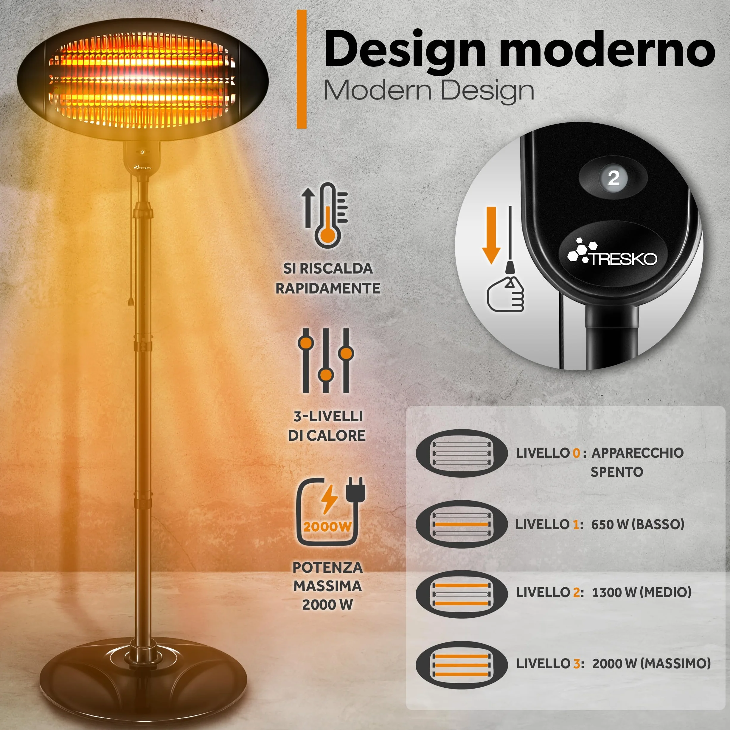 TRESKO Stufa a Infrarossi 2000W Riscaldatore elettrico con 3 Livelli di Calore per Esterno e Interno