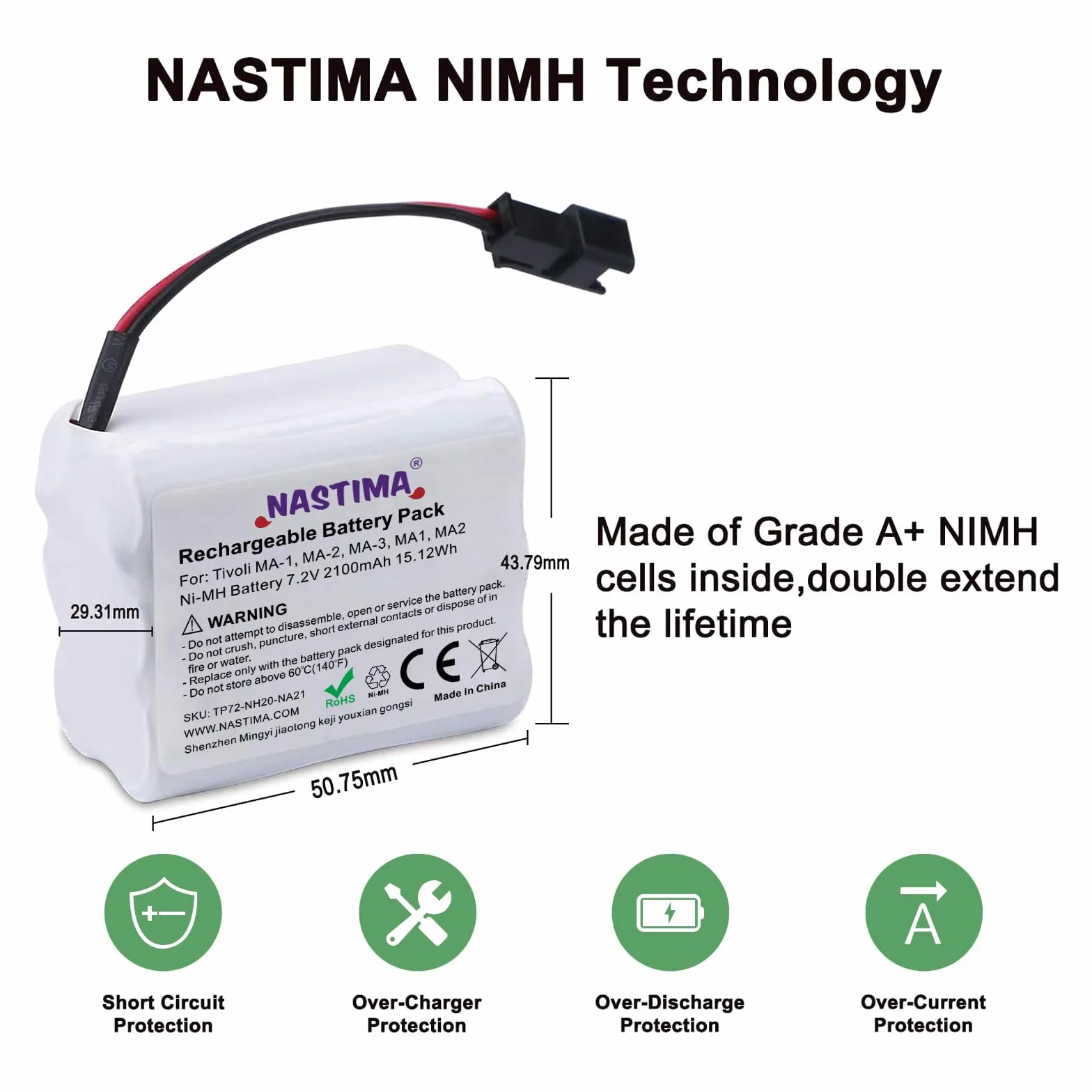 NASTIMA 7,2V 2100mAh Ni-MH Batteria Compatibile per Tivoli PAL/iPAL Radio MA-1 MA-2 MA-3