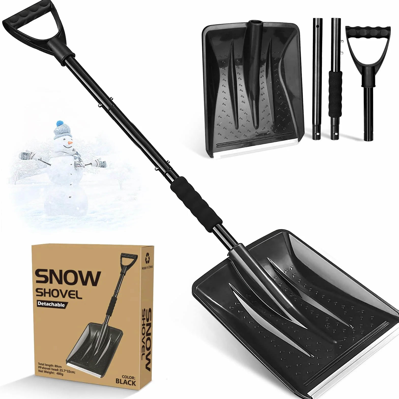 Pala da neve, lunghezza 108 cm, bordo scorrevole con profilo in alluminio, 4 pezzi, design rimovibile, regolabile, pala da neve portatile, per vialetti, campeggio, pupazzo di neve