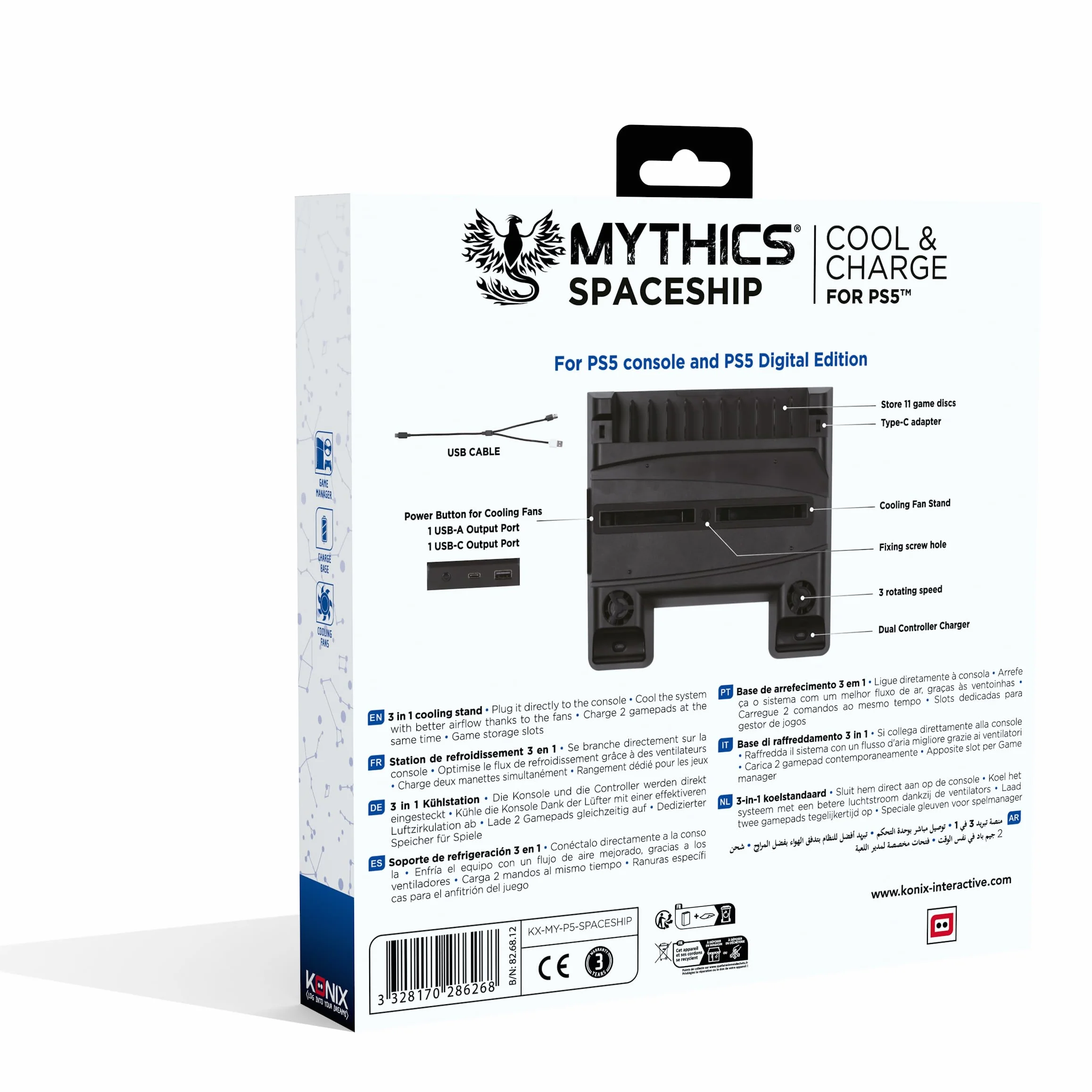 Konix Mythics Cool & Charge Spaceship Base di Ricarica per Console PS5, 2 Controller DualSense, Fino a 11 Giochi - Nero
