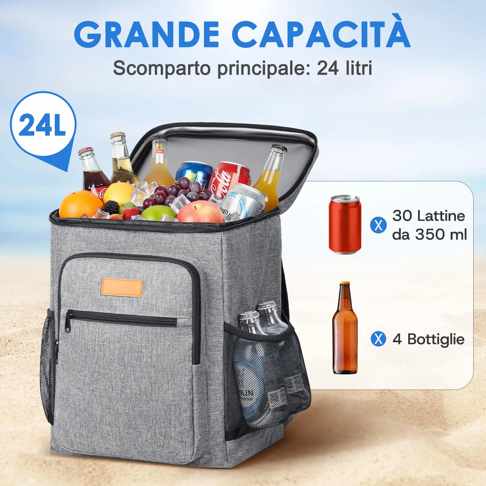 Zaino Termico Frigo 24L Borsa Termica Isoterma Impermeabile Grigio