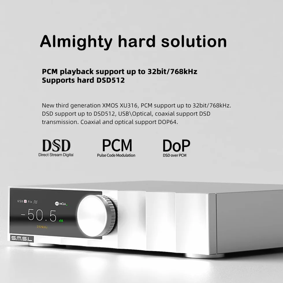 SMSL D200 DAC audiofile ROHM BD34352EKV 32-bit/768kHz DSD512 Hi-Res MQA-CD CK-03 USB ottico coassiale