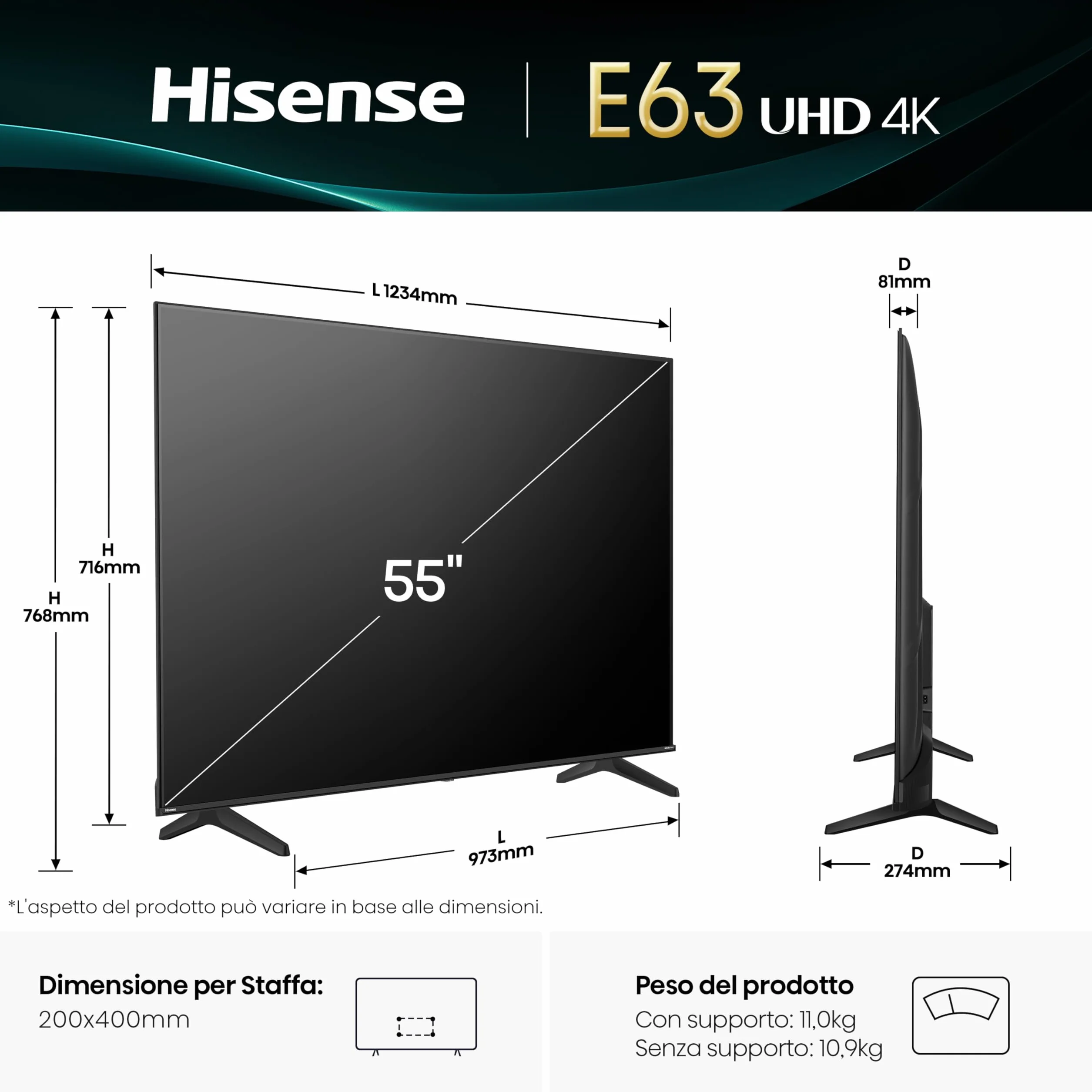 Hisense 55 cali Smart TV 4K Ultra HD 55E63QT VIDAA U8 Dolby Vision HDR10 Game Mode Plus Alexa