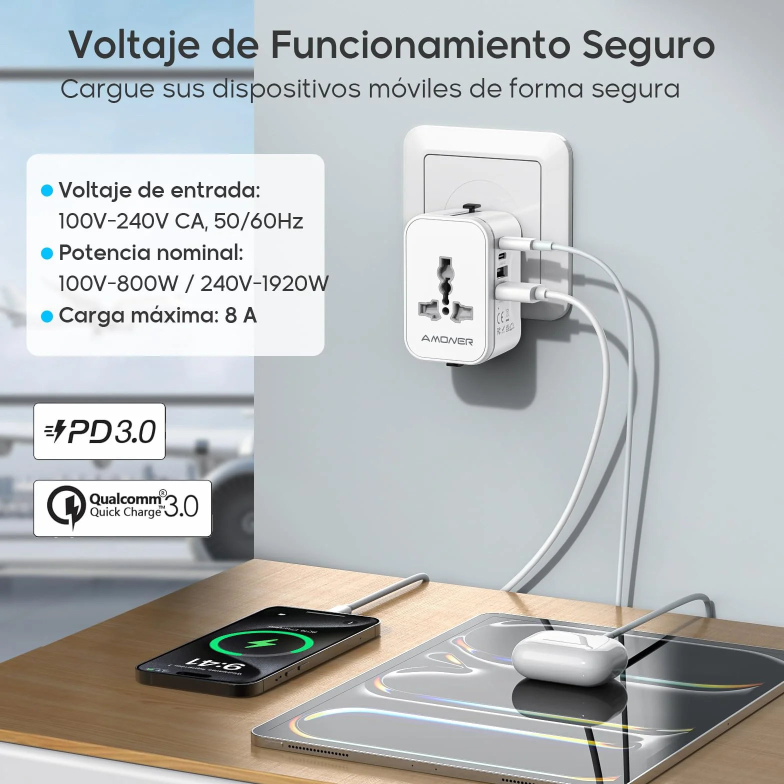 Amoner Adattatore Universale da Viaggio 2 USB C 2 USB A 2KW per 200+ Paesi