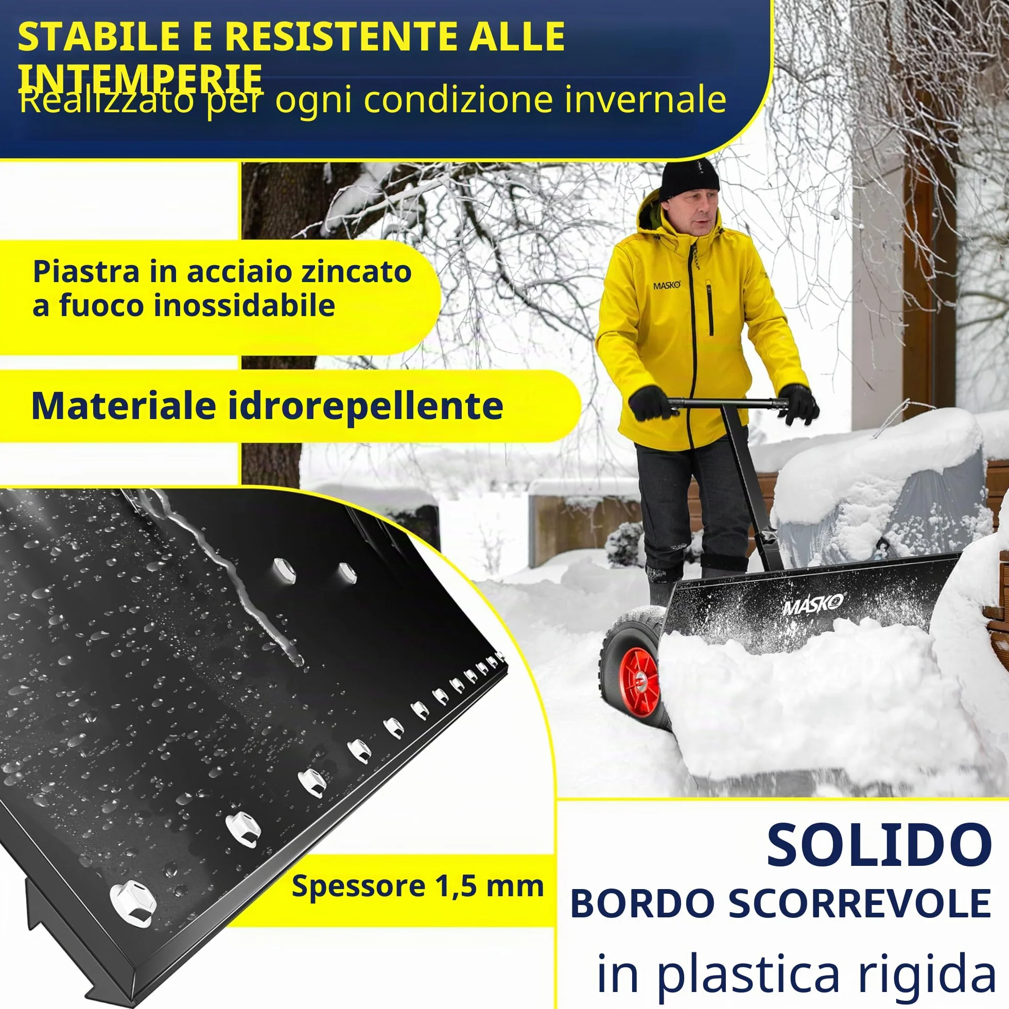 MASKO® Pala da neve su ruote regolabile in altezza – 5 posizioni regolabili in altezza, che non danneggia la schiena, 75 cm, larghezza di lavoro 42 cm