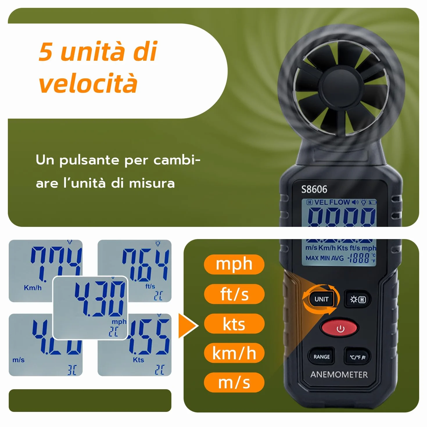 Anemometro Portatile 3 in 1 Misuratore di Velocità del Vento per Esterni Nela Surf Volo