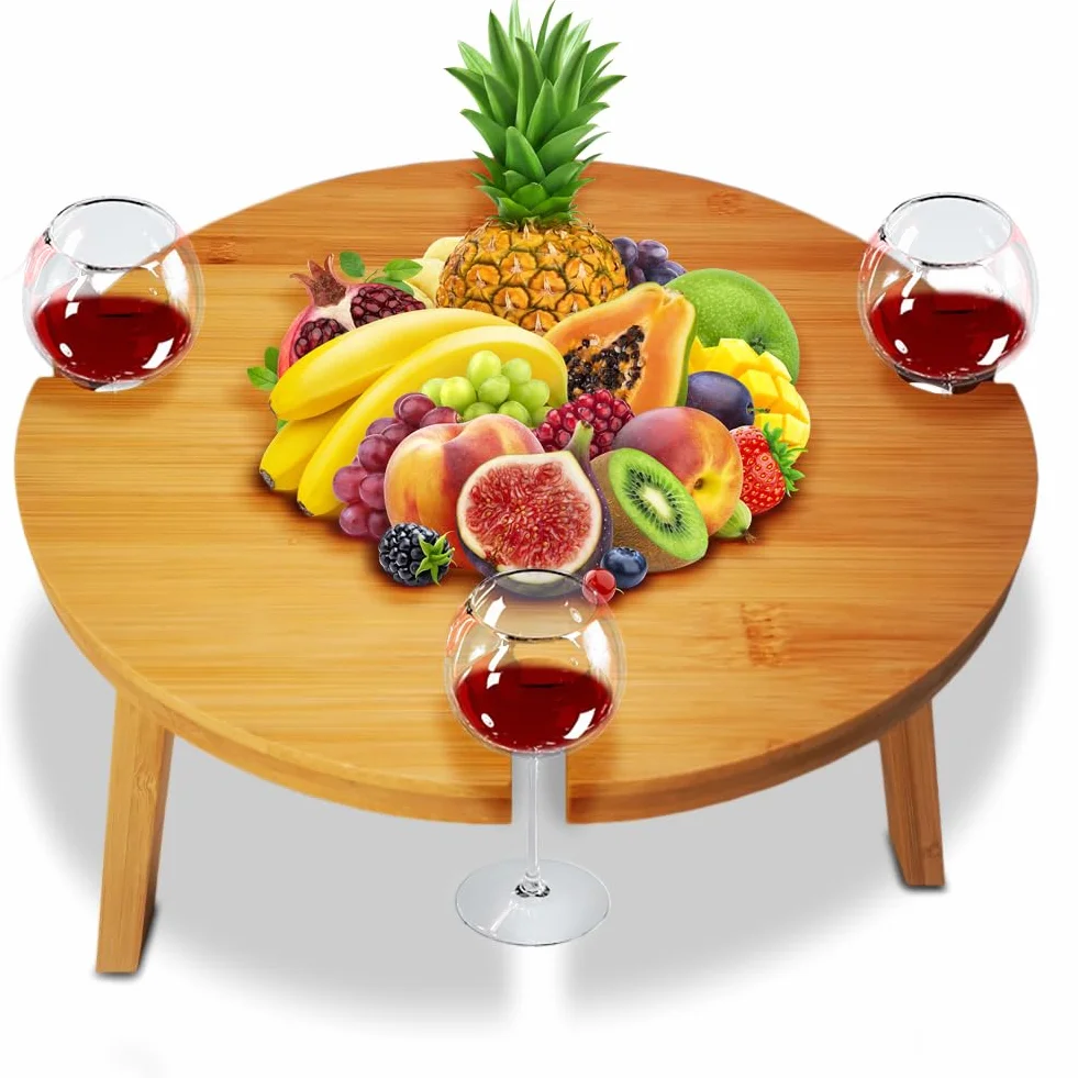 BAKAJI Tavolino da Aperitivo in Legno Bambù, Tavolo da Campeggio Portatile con Gambe Pieghevoli, Vassoio Salvaspazio con 4 Spazi Portabicchieri, Ideale per Camping, Esterno, Picnic, Giardino, Spiaggia