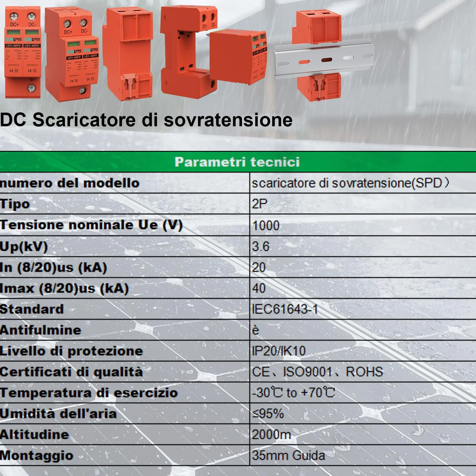 Scaricatore di Sovratensione DC1000V 20kA~40kA 2P Fotovoltaico Protezione Contro Sovratensioni