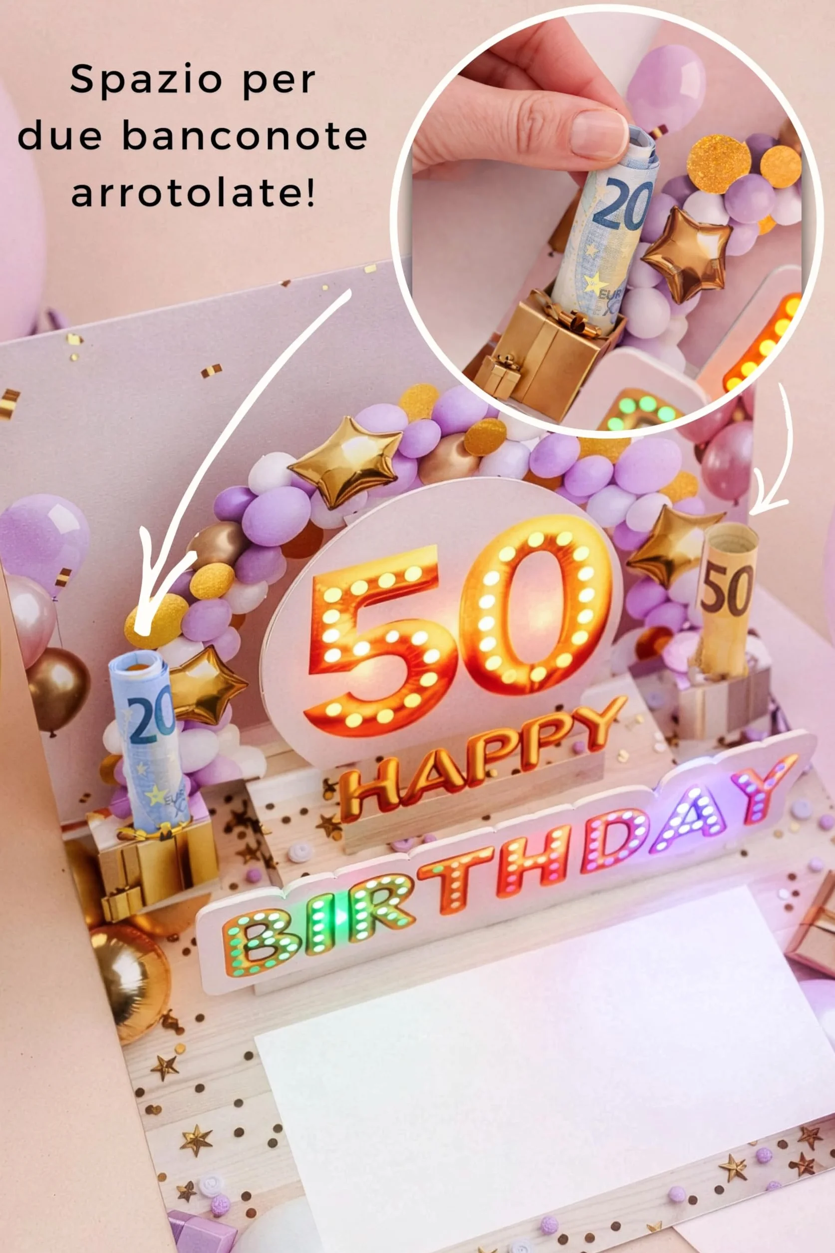 Joli Coon Biglietto auguri 50 anni donna pop up 3D con musica e luce, busta e adesivo sigillo 20×15 cm