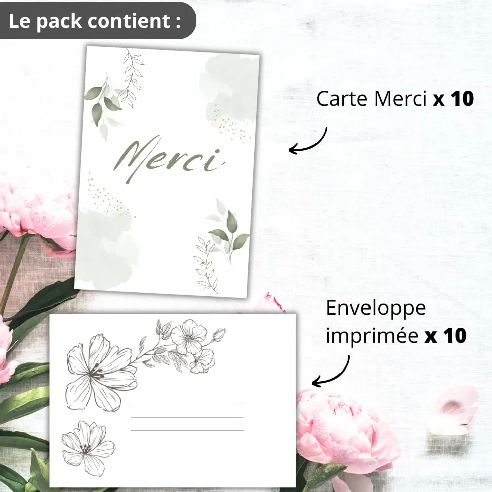 Set 10 biglietti ringraziamenti con buste stampate | Design FLORAL | Cartolina 10,4x14,8 cm | Ringraziamento matrimonio nascita compleanno