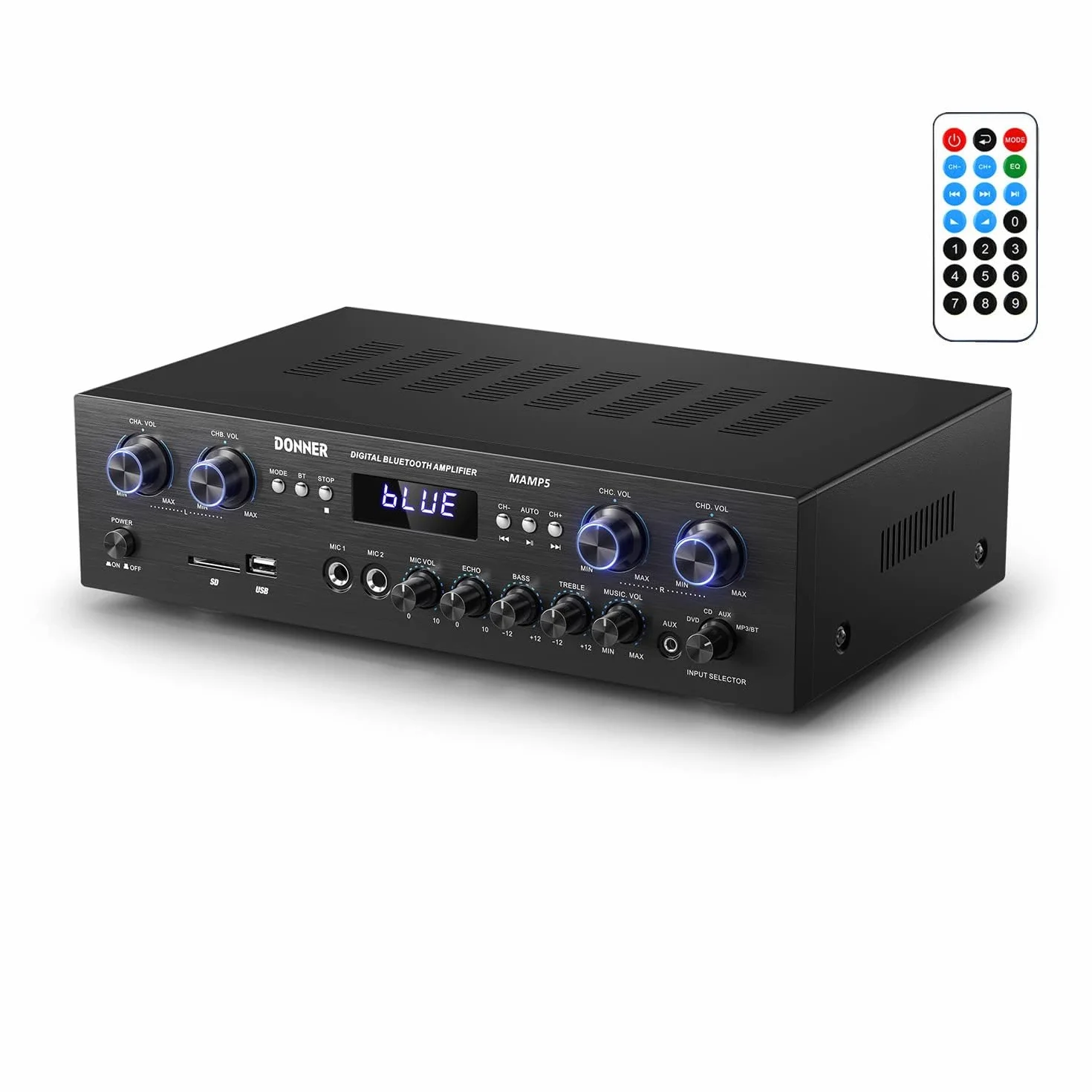 Donner MAMP5 Amplificatore Audio Bluetooth 5.0 Stereo 4 Canali HiFi 440W con USB SD FM 2 Microfono IN Echo RCA LED