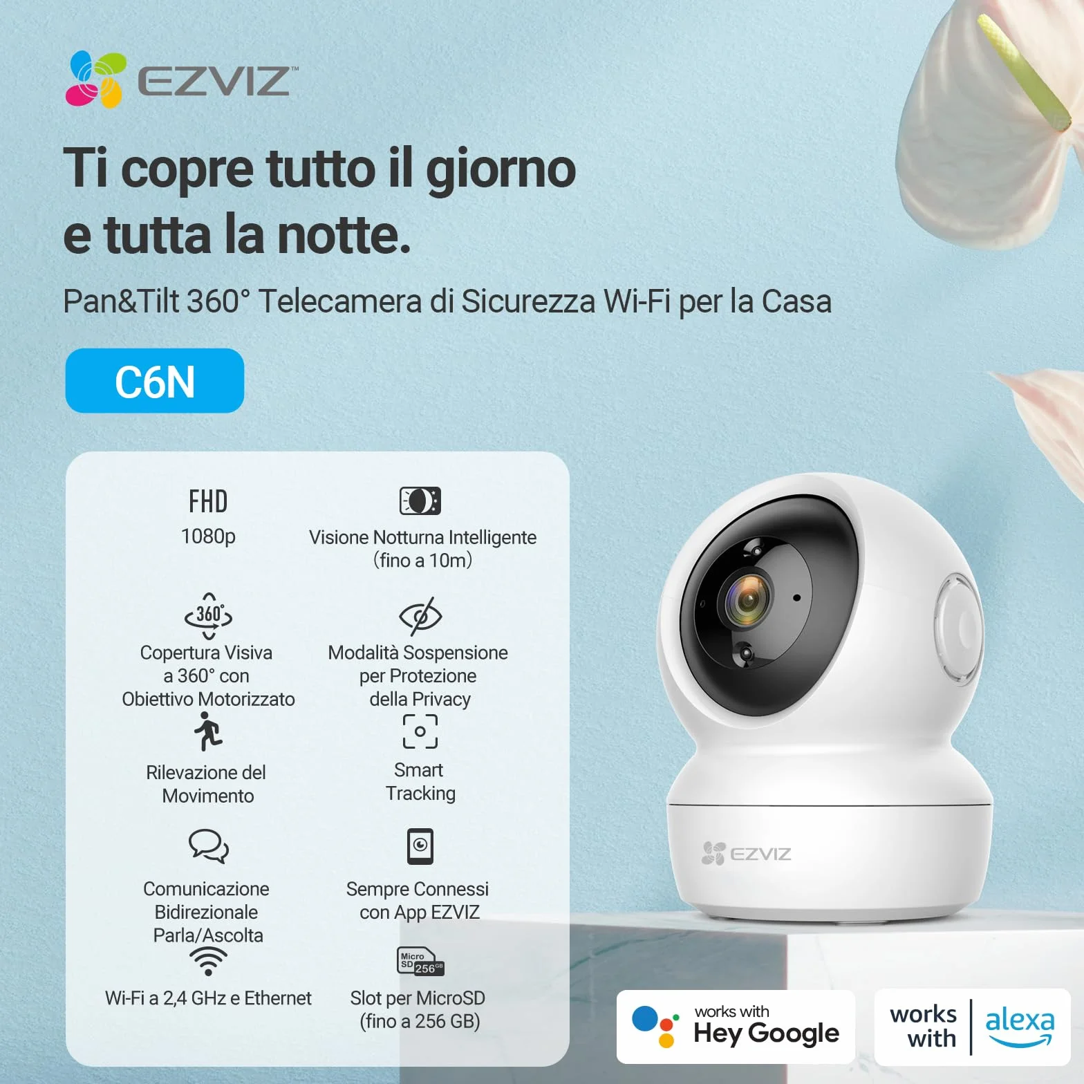 EZVIZ C6N Telecamera Wi-Fi Interno 1080p Pan/Tilt/Zoom Visione Notturna Tracciamento Movimento Audio Kit 2