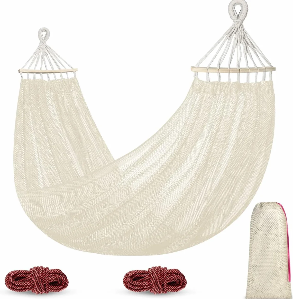 Amaca da campeggio per esterni, in nylon a rete traspirante, con aste in legno e borsa per il trasporto, 290 cm x 150 cm, bianco, per campeggio, spiaggia e giardino